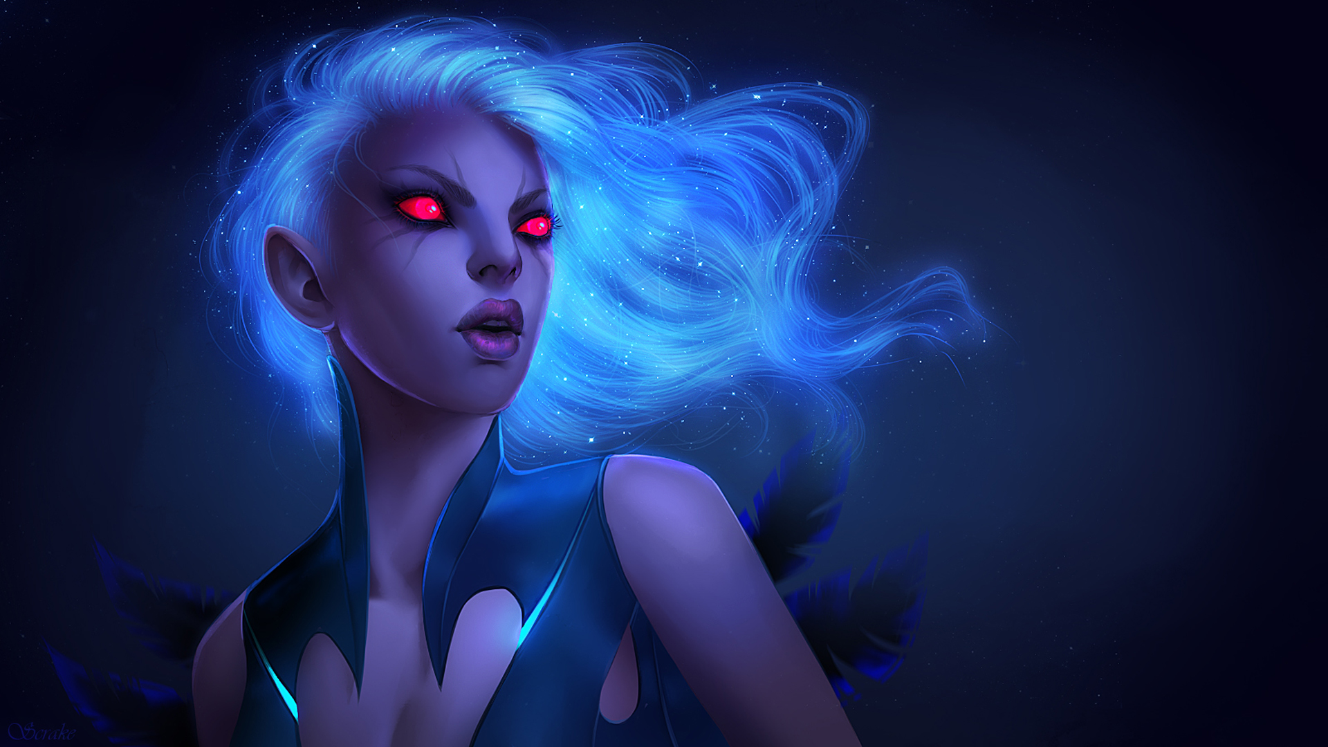 General 1920x1080 Dota 2 Dota Vengeful Spirit digital art low light video games simple background lipstick purple lipstick parted lips looking away long hair bare shoulders red eyes video game characters video game girls