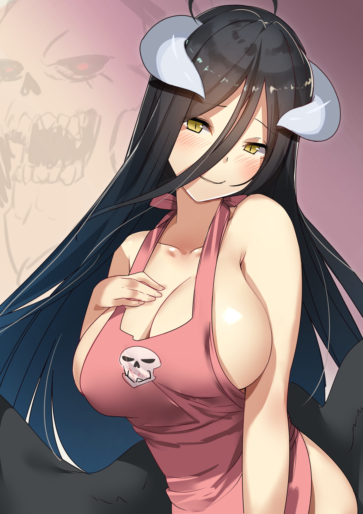 Anime 1240x1754 Albedo (OverLord) horns Overlord (anime) wings simple background boobs apron naked apron anime girls