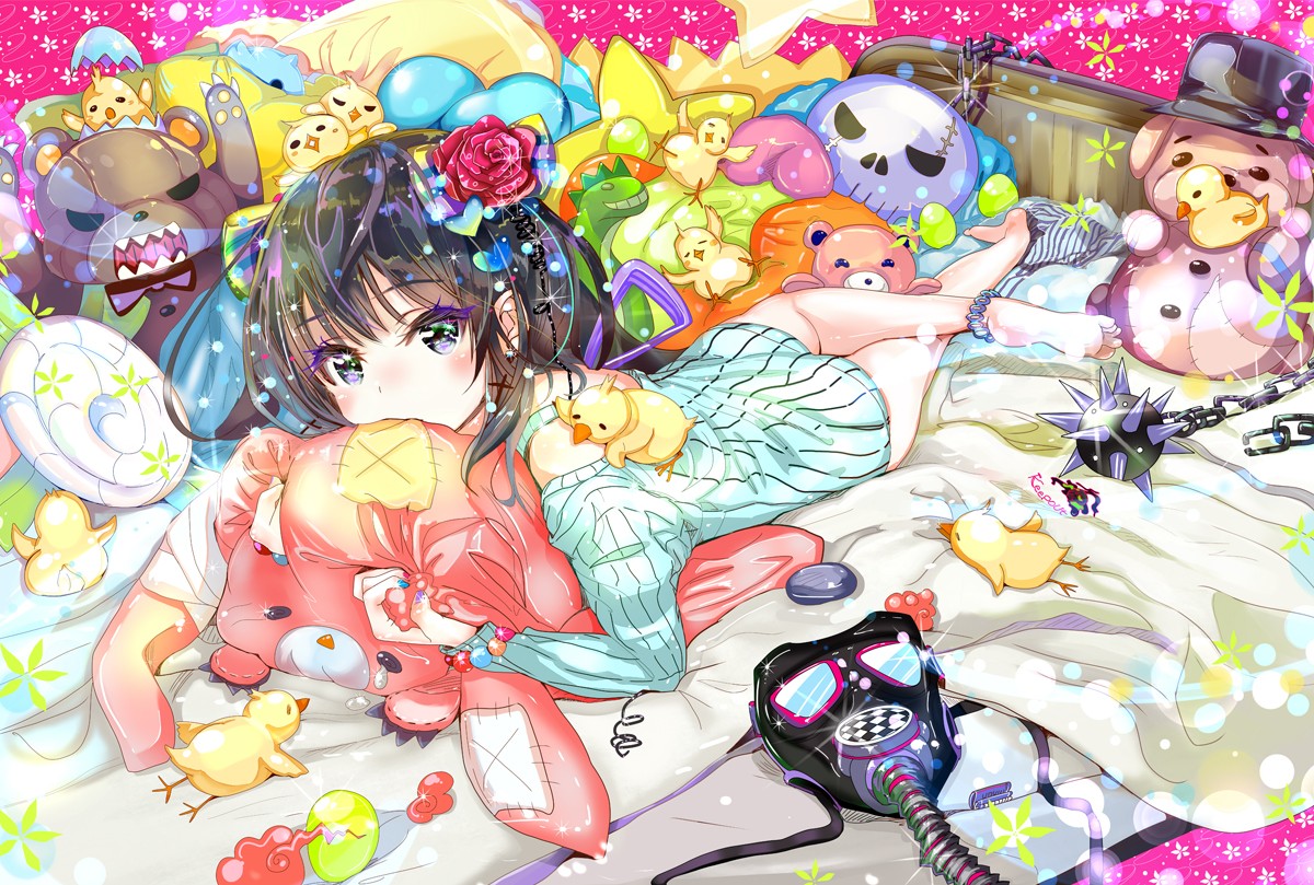 Anime 1200x809 original characters anime girls weapon mask lying on front stuffed animal in bed artwork Keepout