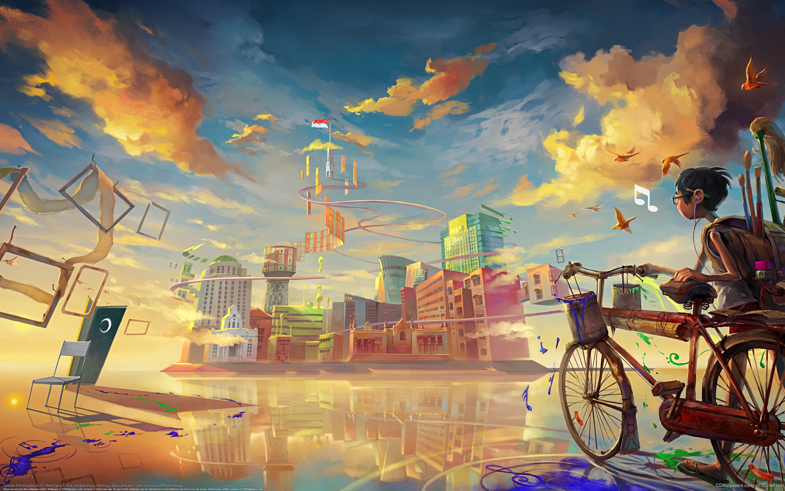 General 2560x1600 digital art fantasy art painting DeviantArt bicycle futuristic clouds building city flag reflection chair surreal colorful musical notes birds