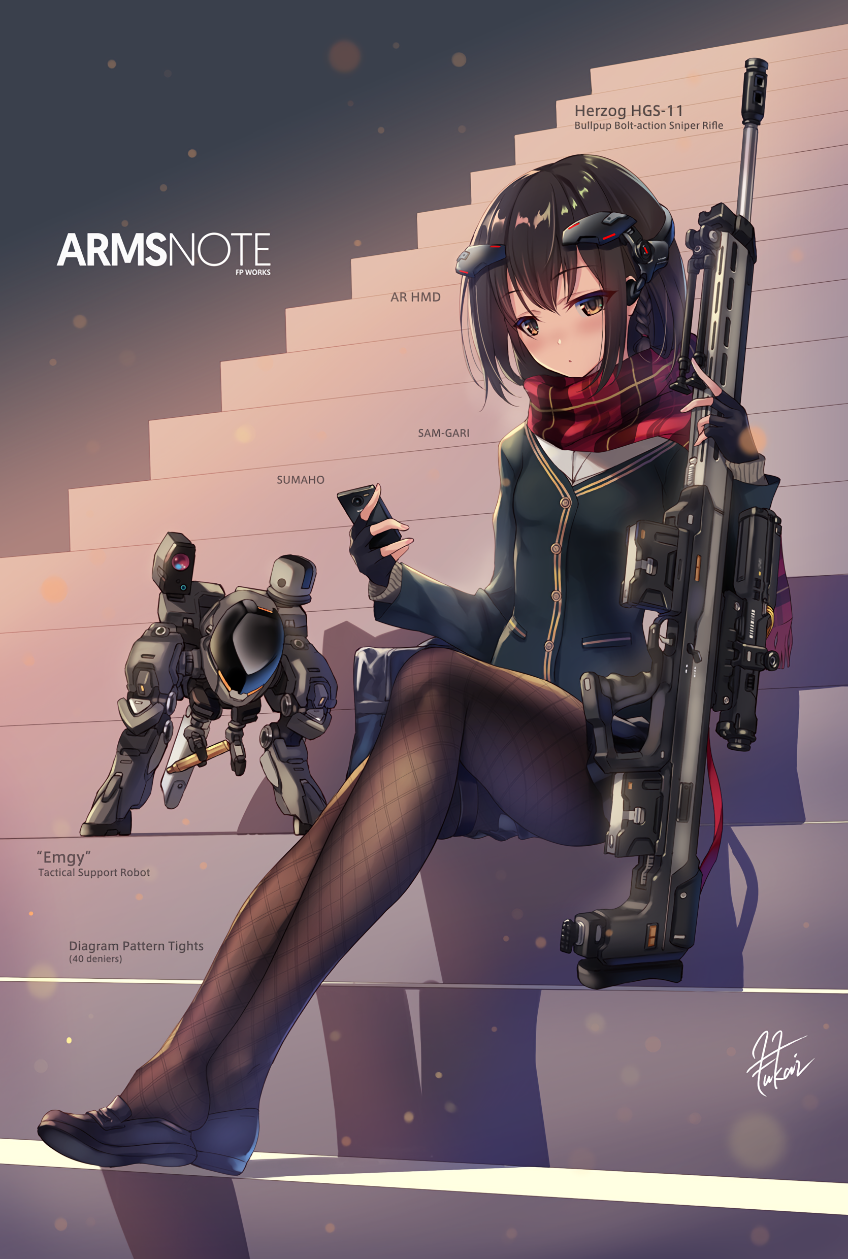 Anime 1670x2480 anime anime girls robot weapon sniper rifle stockings short hair brunette brown eyes phone