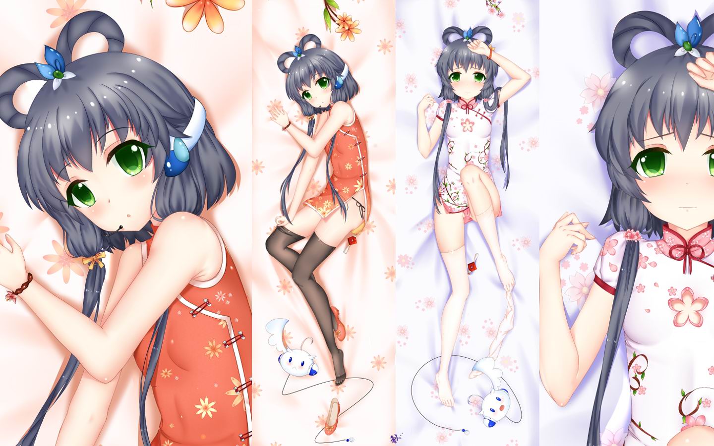 Anime 1440x900 cheongsam Chinese dress anime girls Vocaloid Luo Tianyi (vocaloid) loli looking at viewer long hair hair between eyes blushing headphones open mouth green eyes Chinese clothing small boobs dark hair short sleeves sleeveless closed mouth lying down lying on back lying on side Vocaloid China stockings bright