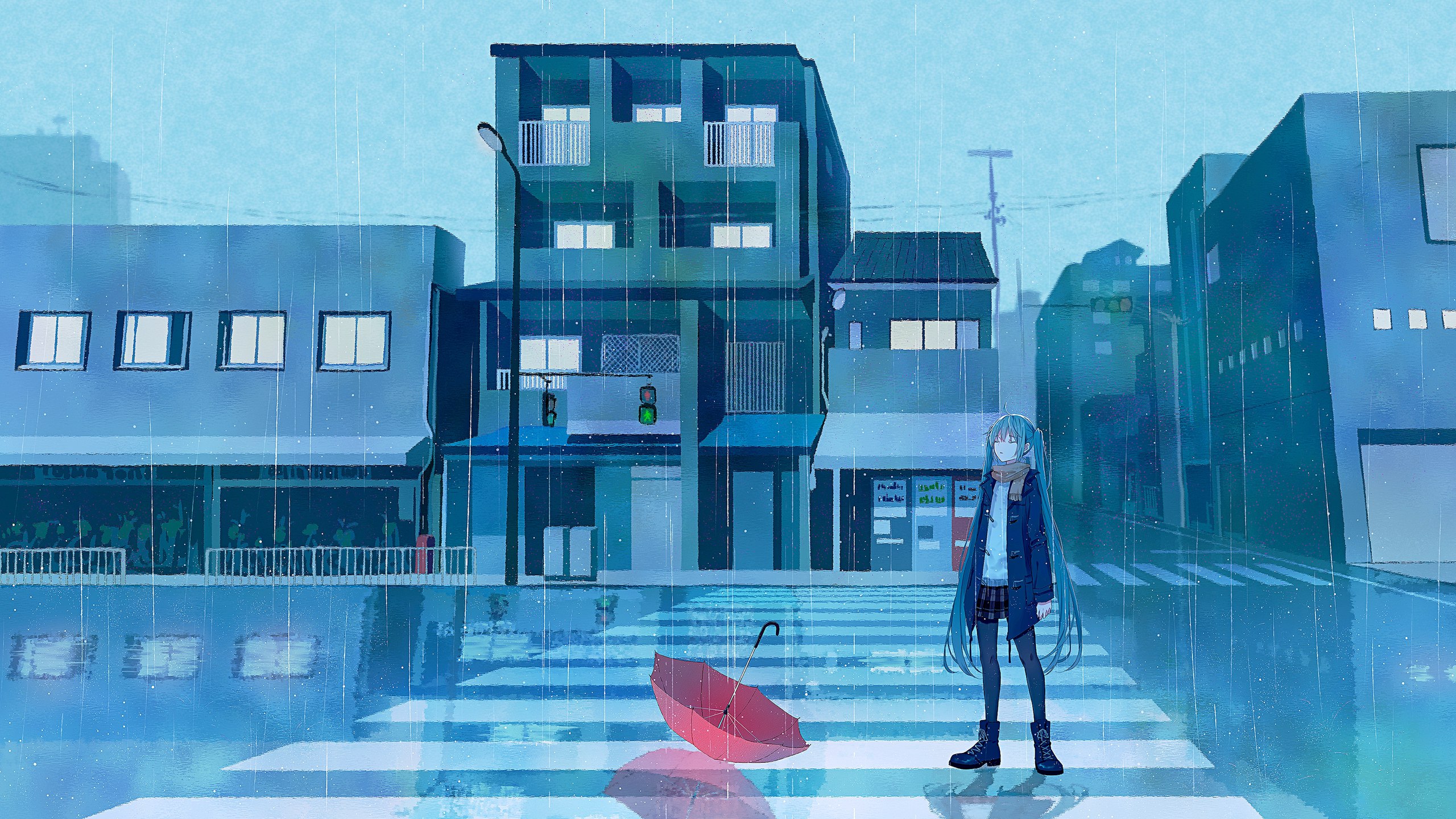 Anime 2560x1440 Hatsune Miku Vocaloid rain blue hair sky city stockings skirt scarf umbrella road closed eyes