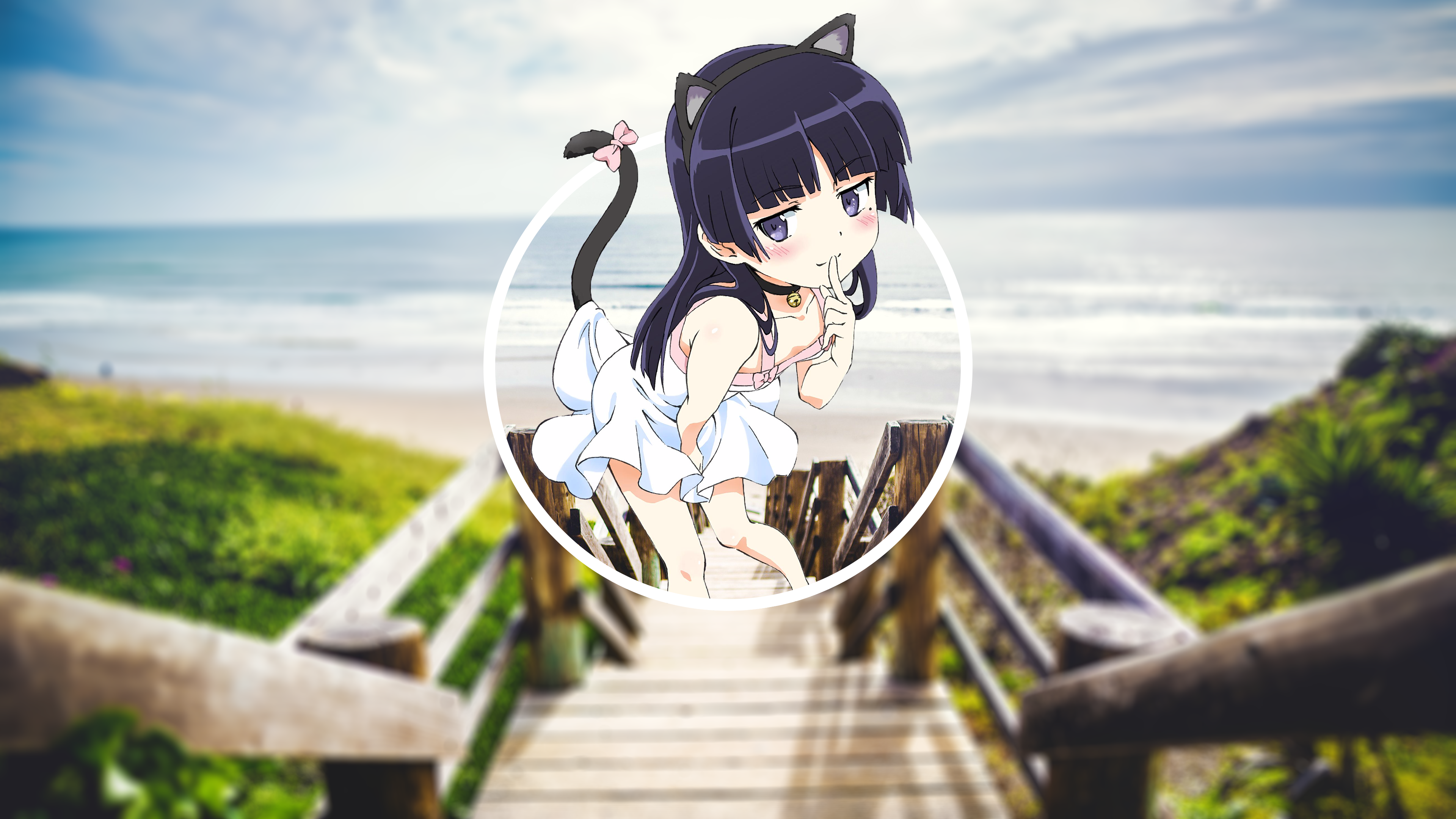 Anime 3840x2160 landscape anime girls Gokou Ruri picture-in-picture beach dark hair cat girl white dress anime blurred pale brunette Ore no Imouto ga Konnani Kawaii Wake ga Nai