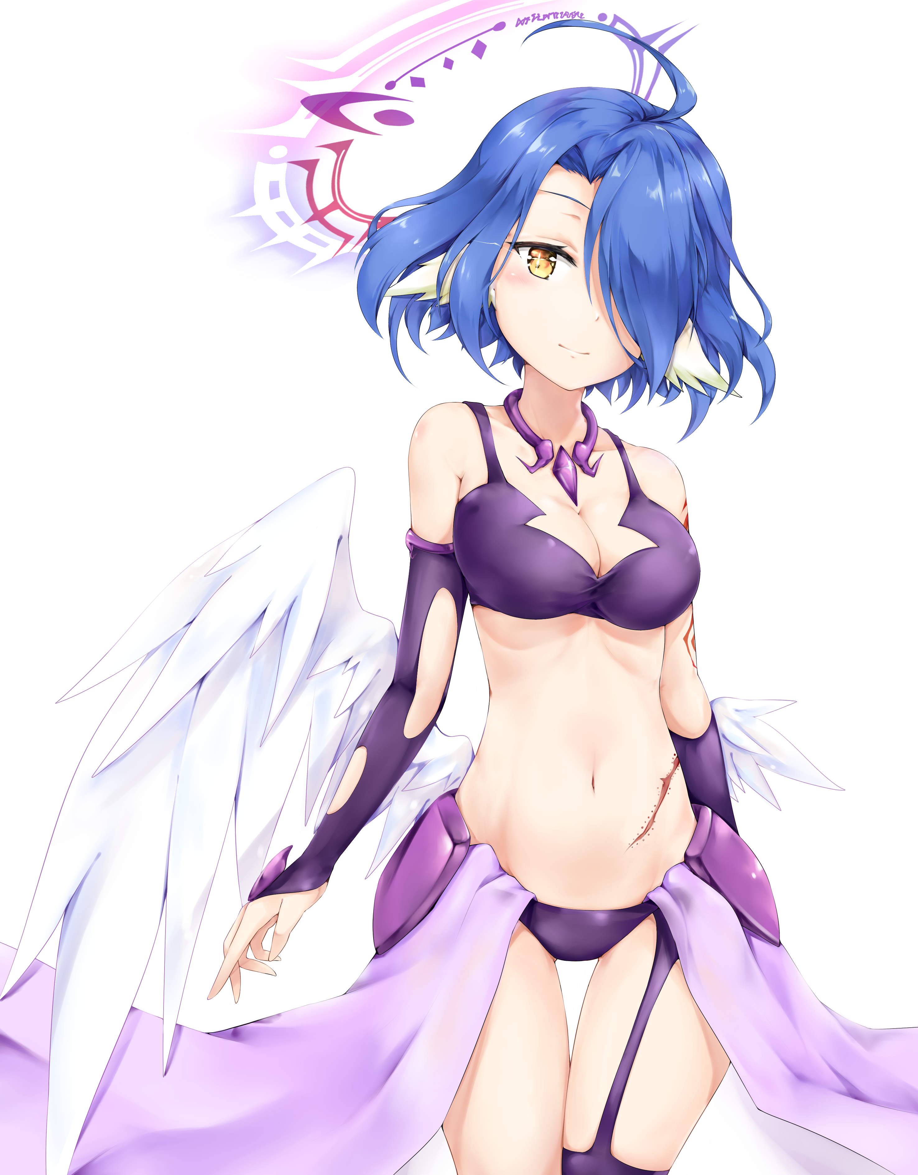 Anime 2952x3779 No Game No Life white background Raphael (No Game no Life) wings scars short hair yellow eyes blue hair