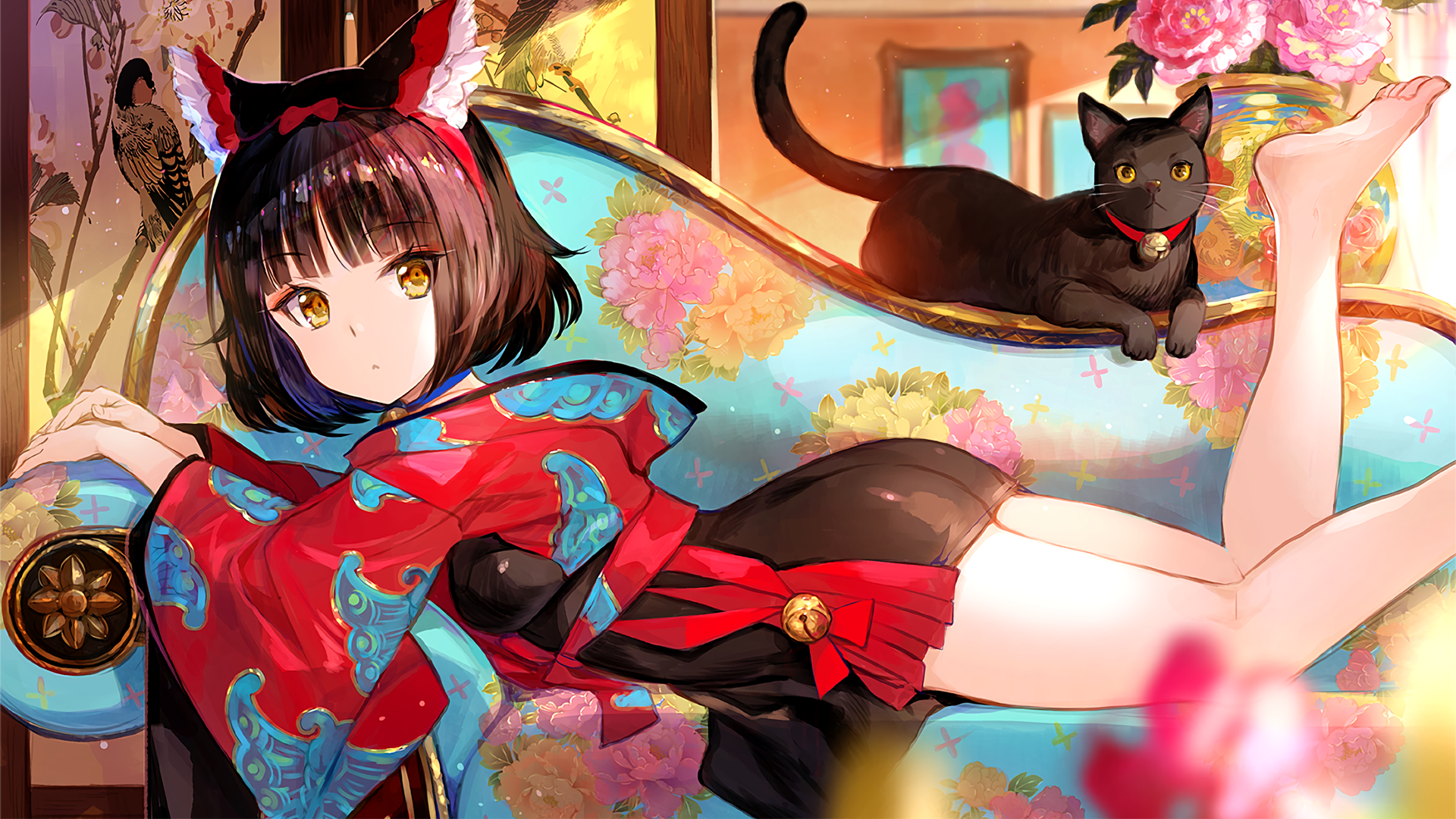 Anime 1920x1080 couch cats short hair lying on front
