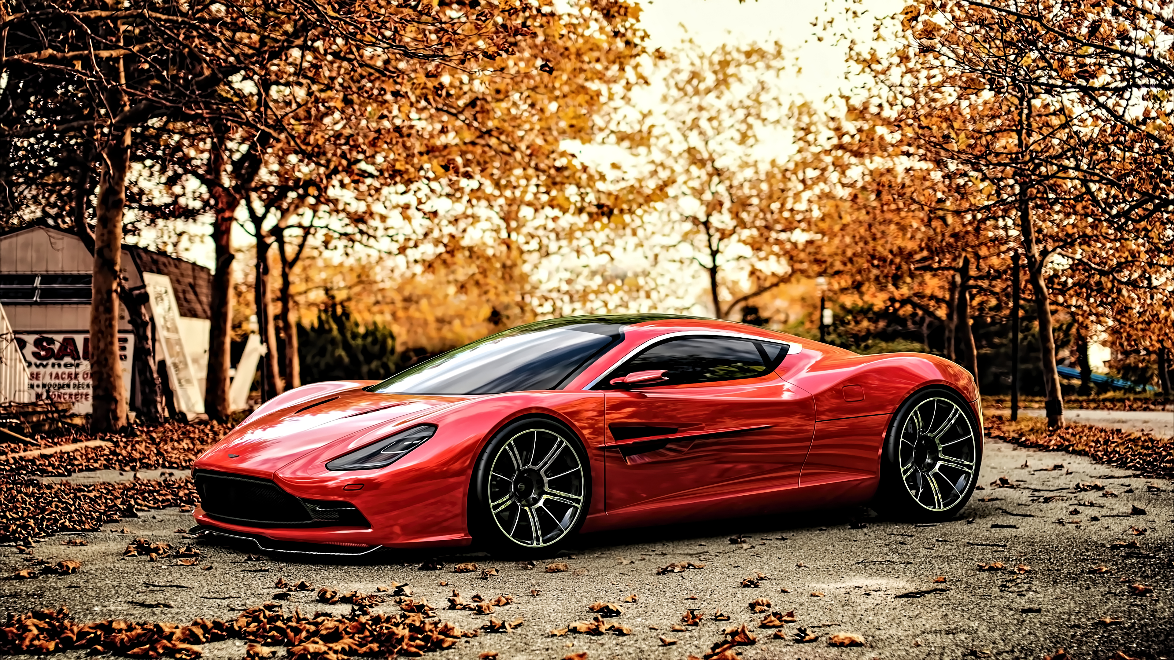 General 3840x2160 vehicle car sports car supercars sunset Aston Martin Aston Martin DBC concept cars red cars leaves urban trees frontal view
