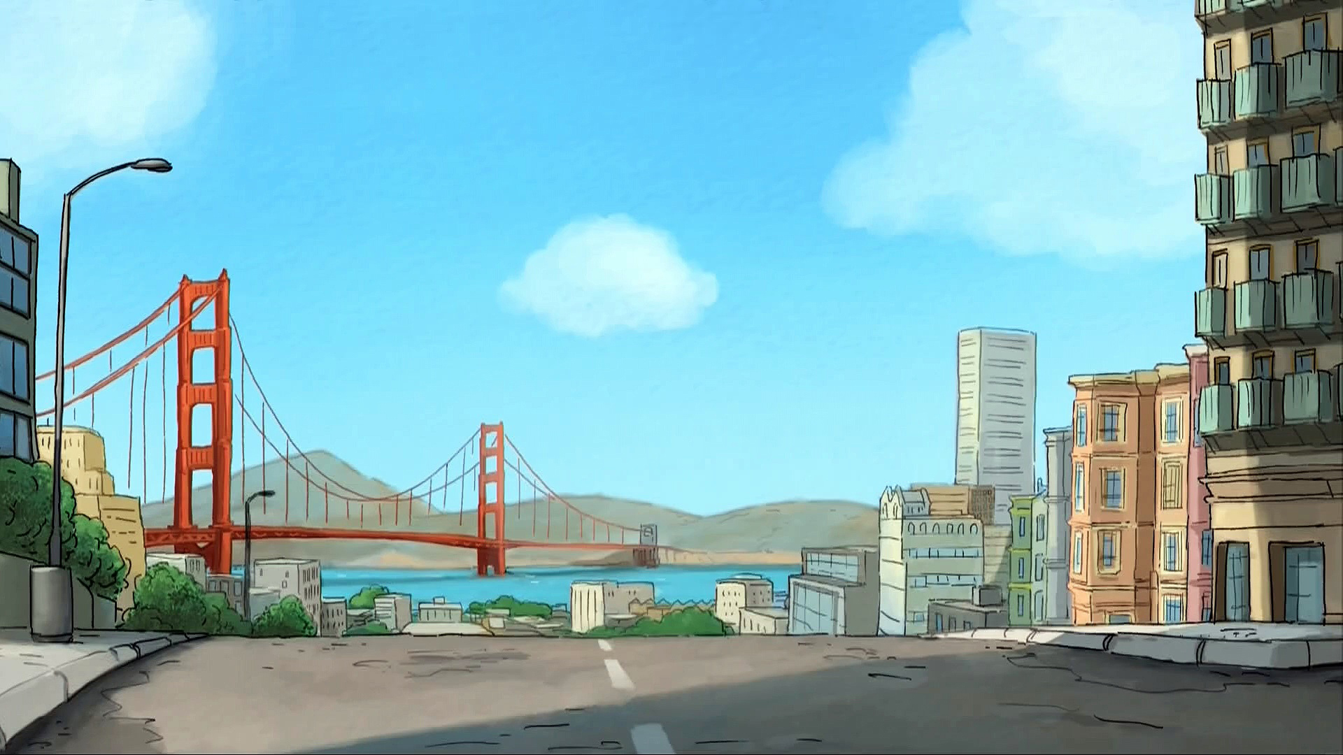 We Bare Bears, cartoon, San Francisco, Golden Gate Bridge, artwork, city,  sky, suspension bridge, USA | 1920x1080 Wallpaper 