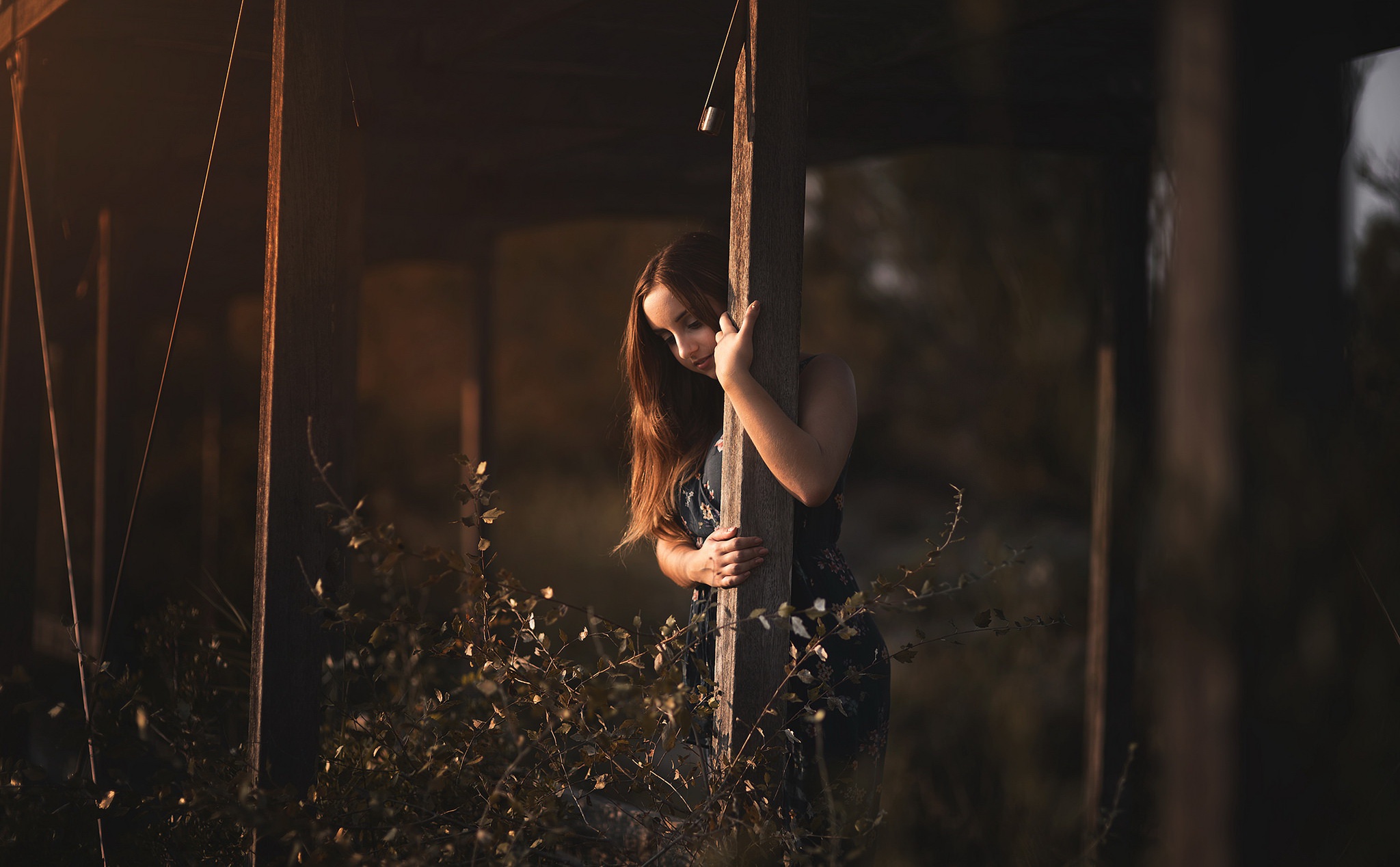 People 2048x1268 redhead dark women model low light outdoors dress