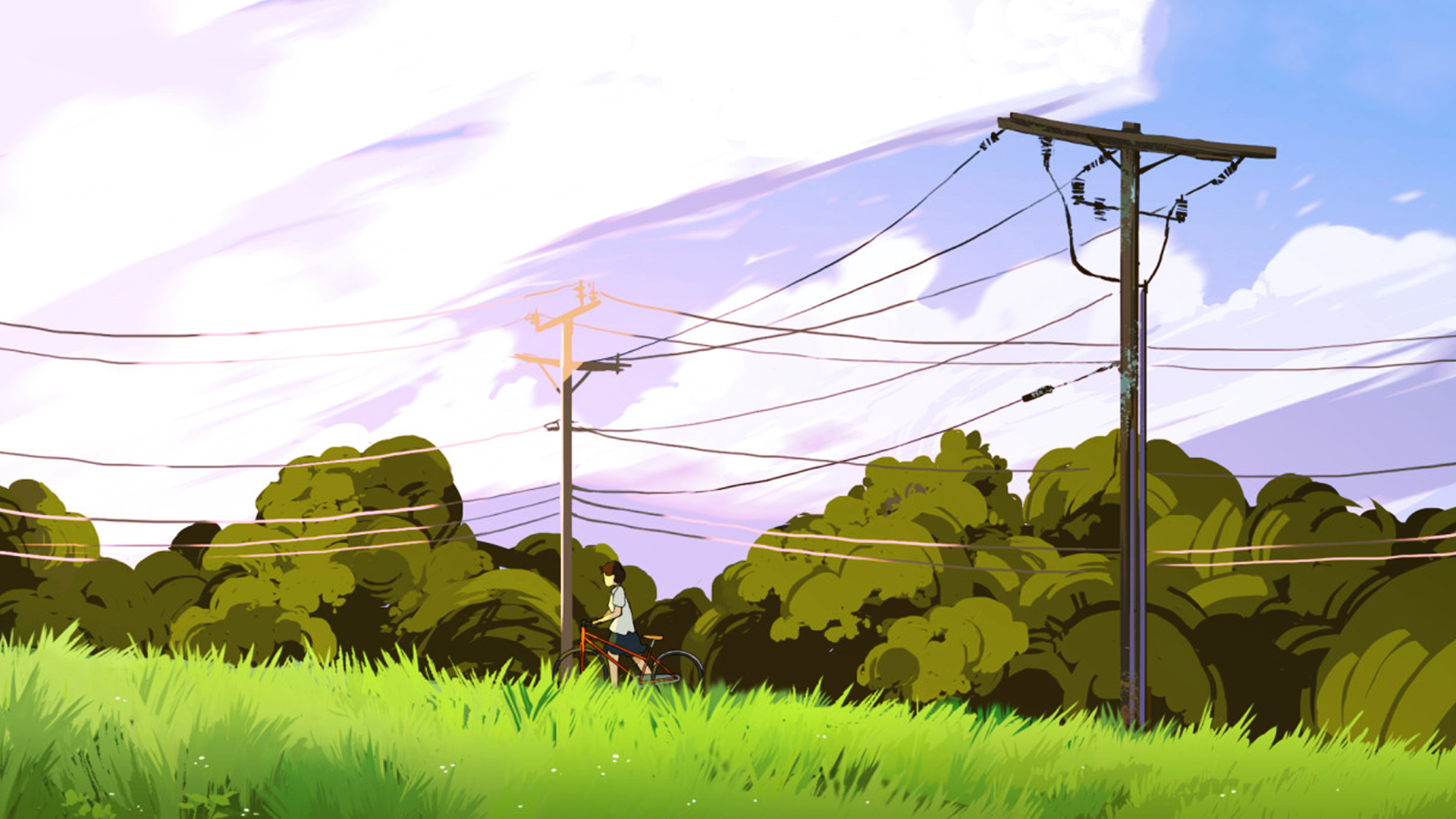 Anime 1920x1080 nature grass landscape anime Anime screenshot clouds power lines walking bicycle green sky short sleeves sunlight anime girls