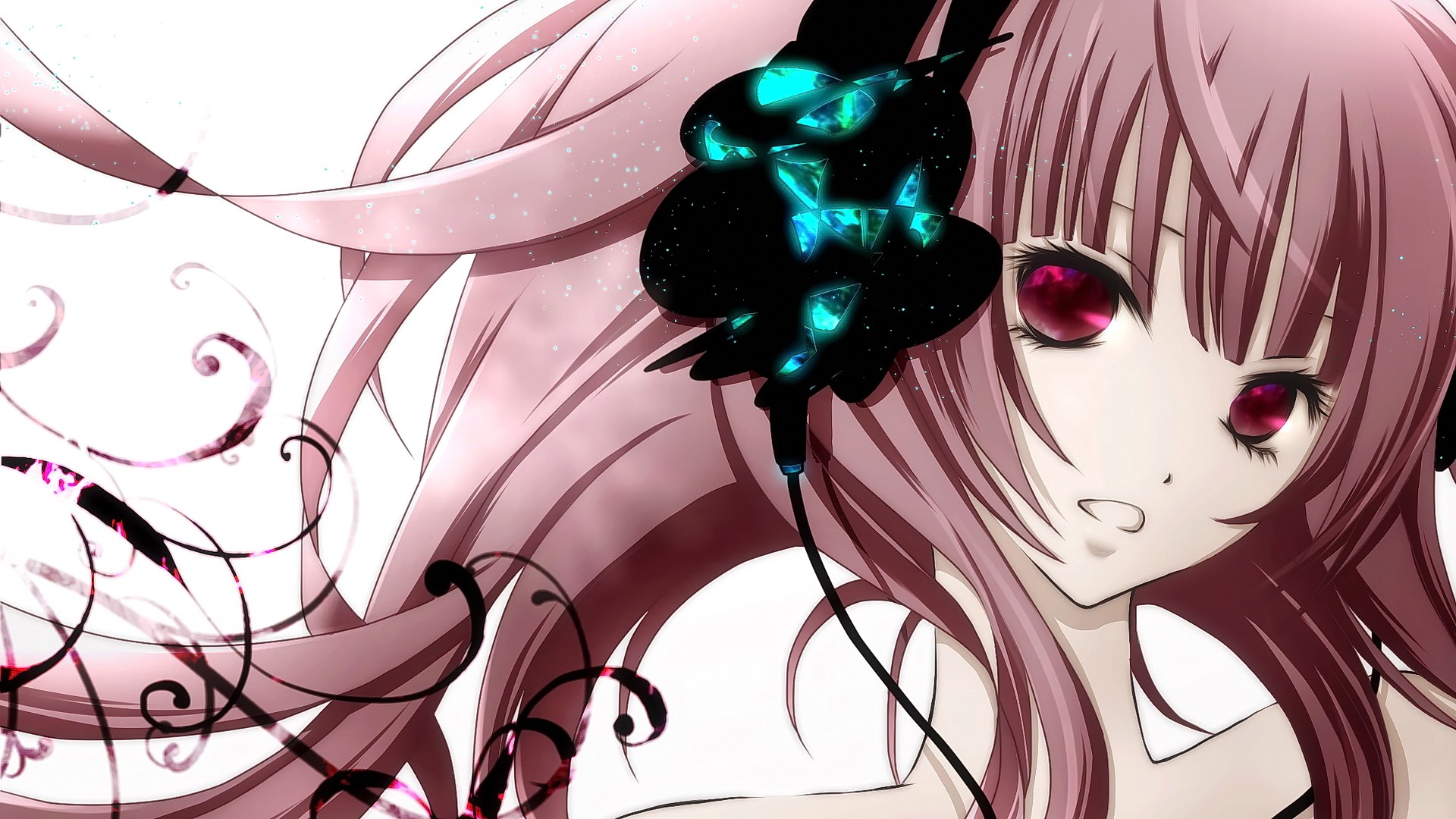Anime 1920x1080 anime anime girls Megurine Luka Vocaloid pink hair long hair red eyes open mouth hair ornament looking at viewer white background