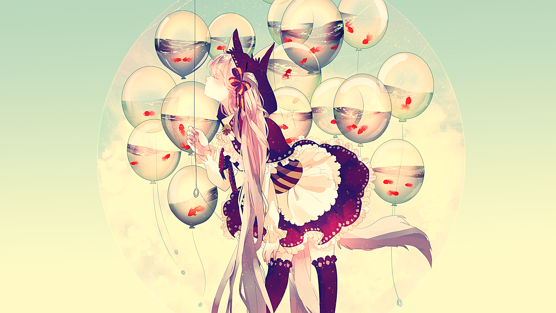 Anime 1920x1080 anime anime girls long hair balloon Vocaloid Hatsune Miku thigh-highs gradient cyan background simple background fish animals closed eyes