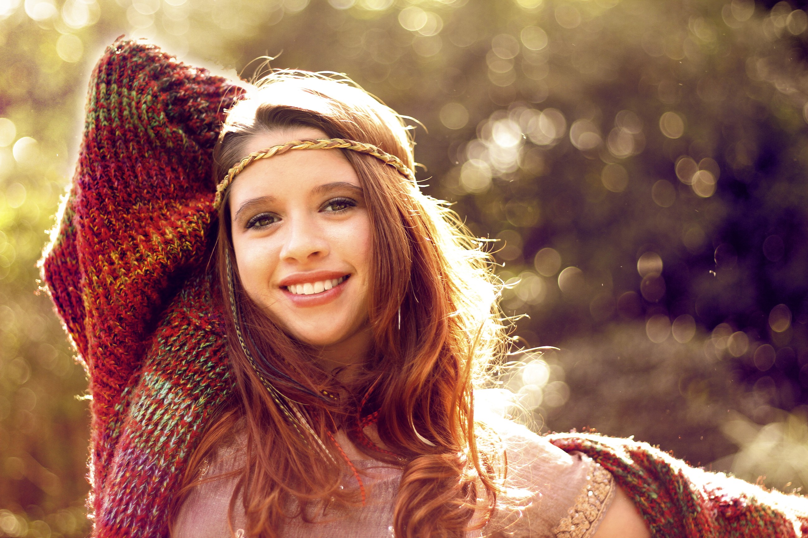 People 2592x1728 smiling women outdoors women face model portrait teeth brunette outdoors long hair looking at viewer hair ornament sweater closeup