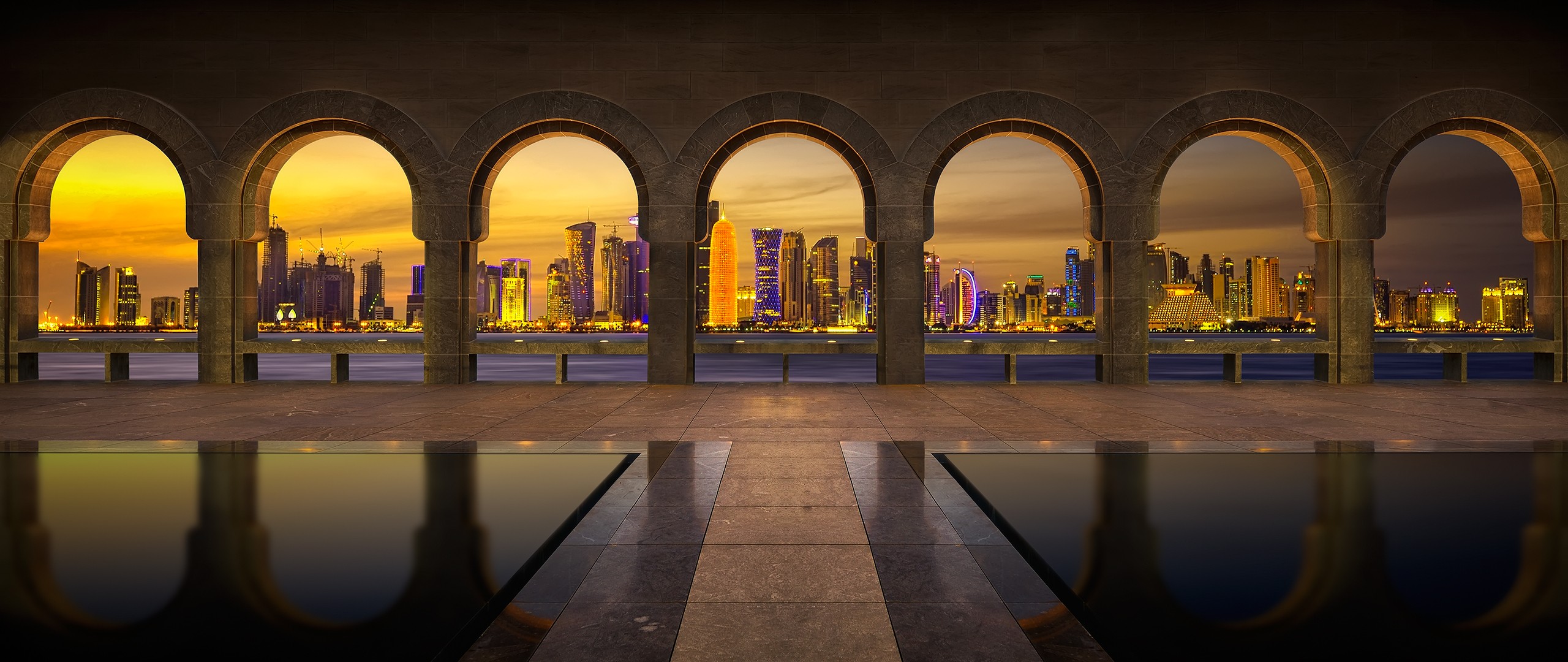 General 2560x1080 Qatar Doha city stone arch city lights reflection cityscape