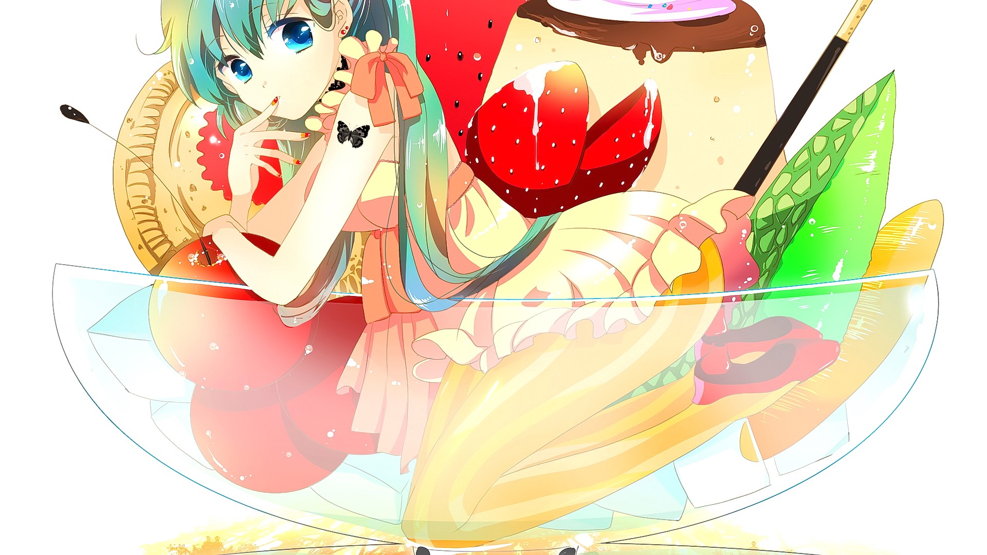 Anime 1920x1080 anime anime girls Vocaloid Hatsune Miku red nails food fruit painted nails kneeling cyan hair blue eyes white background sweets