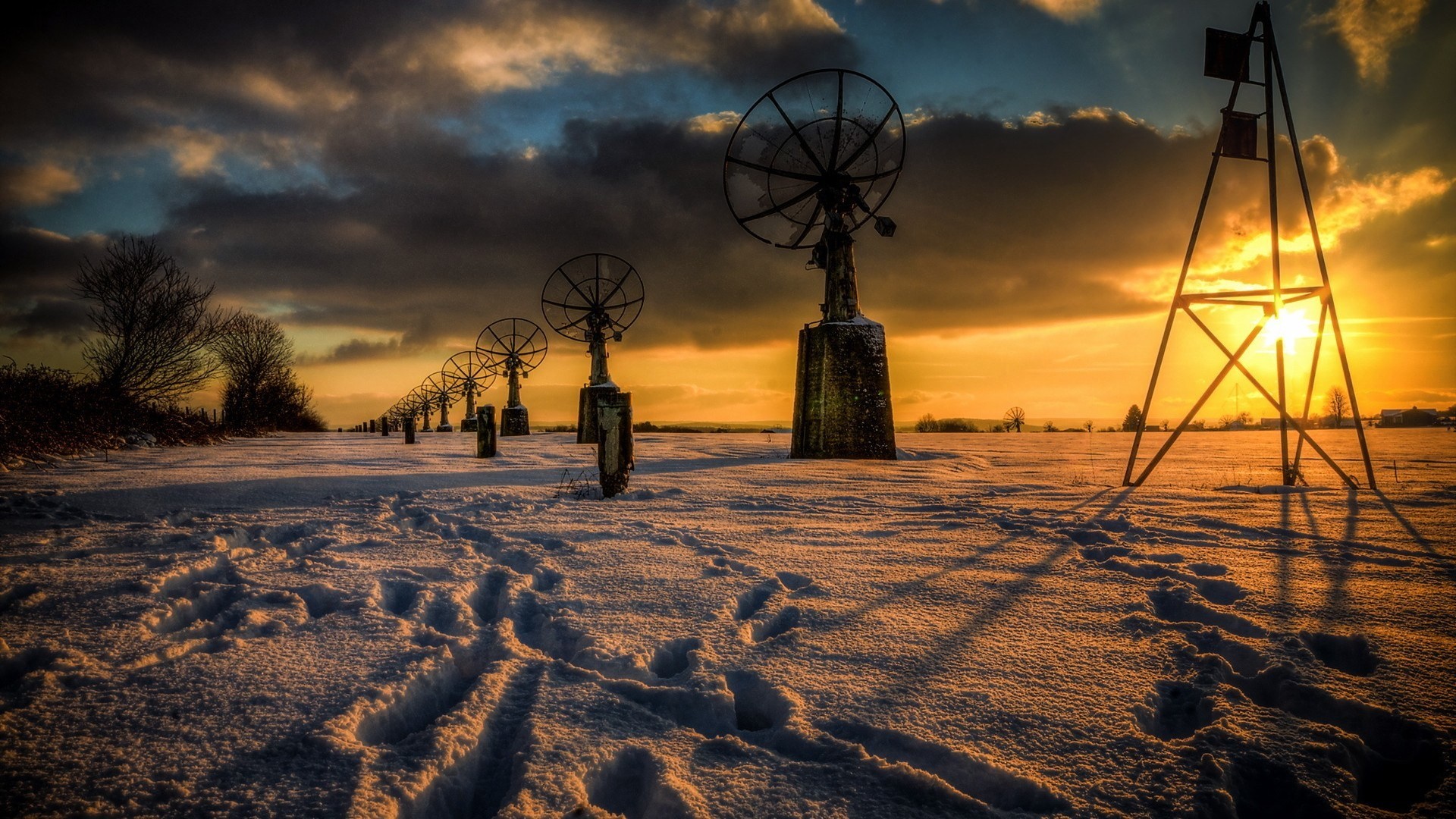 General 1920x1080 nature landscape antenna clouds satellite technology HDR winter snow trees sun rays