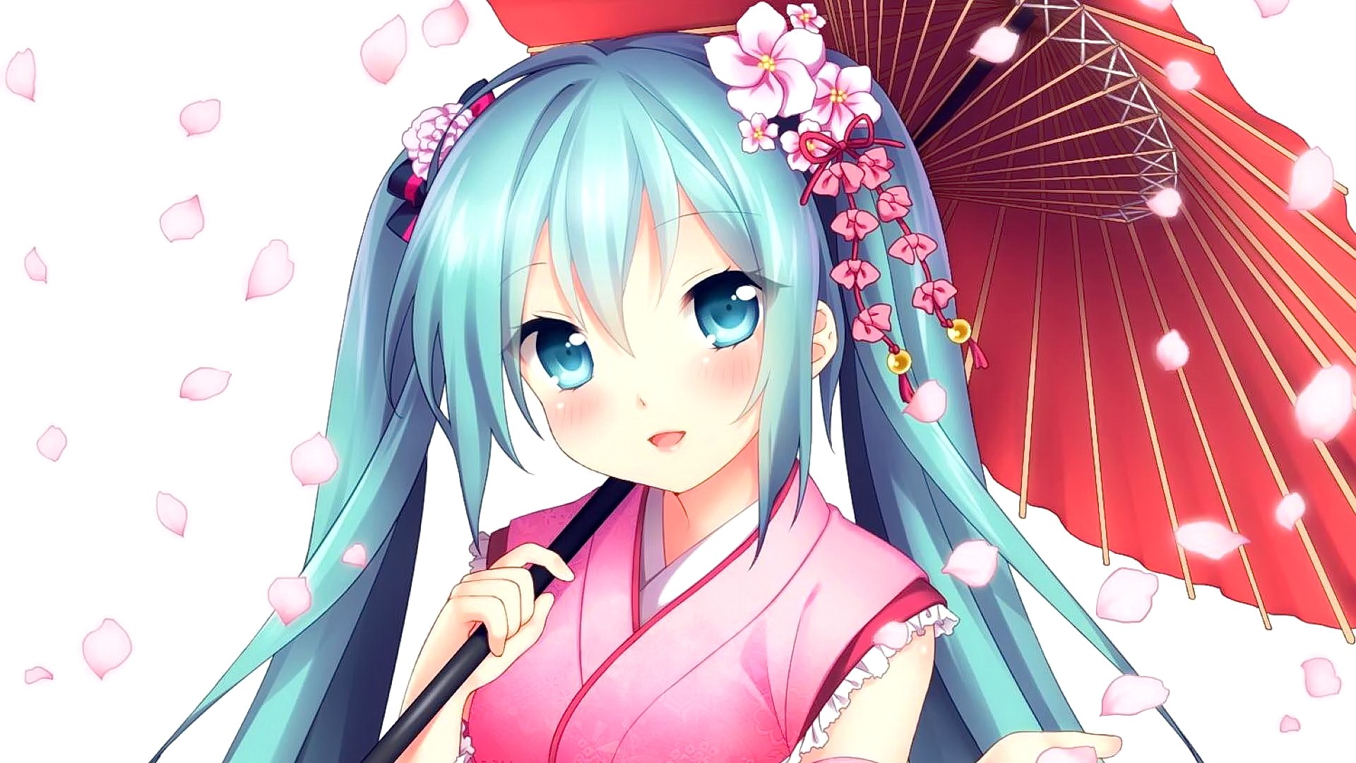 Anime 1920x1080 anime anime girls Hatsune Miku Vocaloid hair ornament umbrella cyan hair flowers open mouth smiling looking at viewer aqua eyes women with umbrella long hair white background flower in hair pink dress