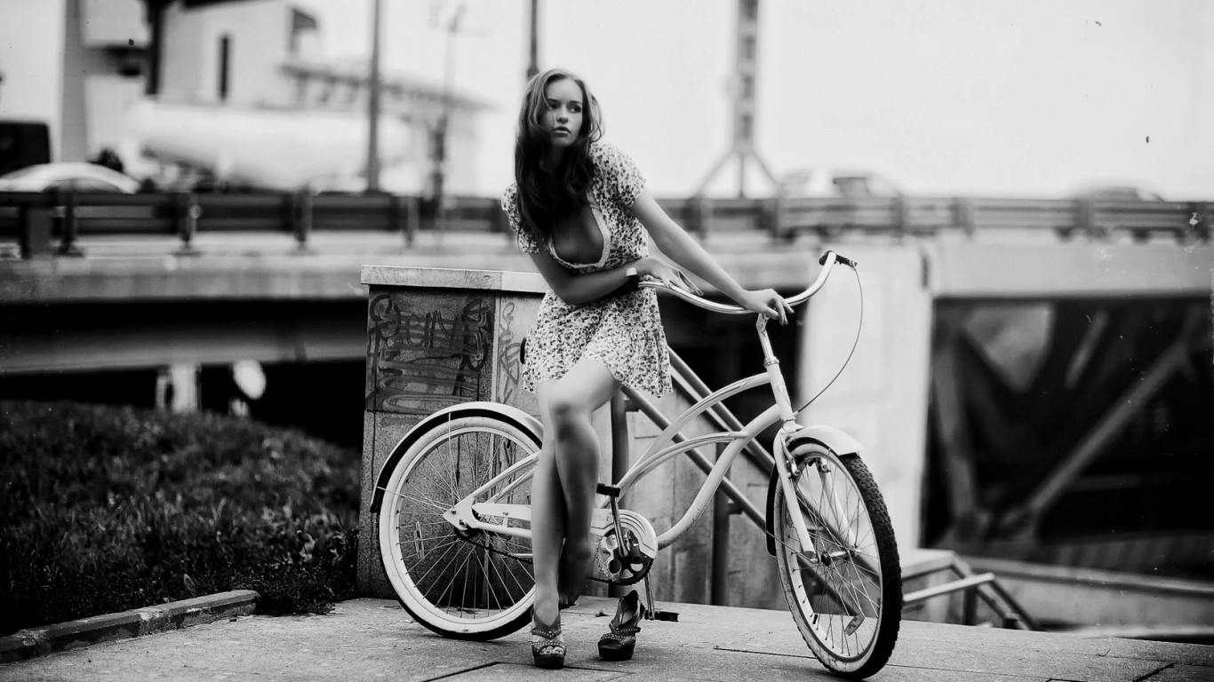People 1366x768 women model women with bicycles monochrome women outdoors bicycle vehicle boobs urban looking away legs Karen Abramyan high heels