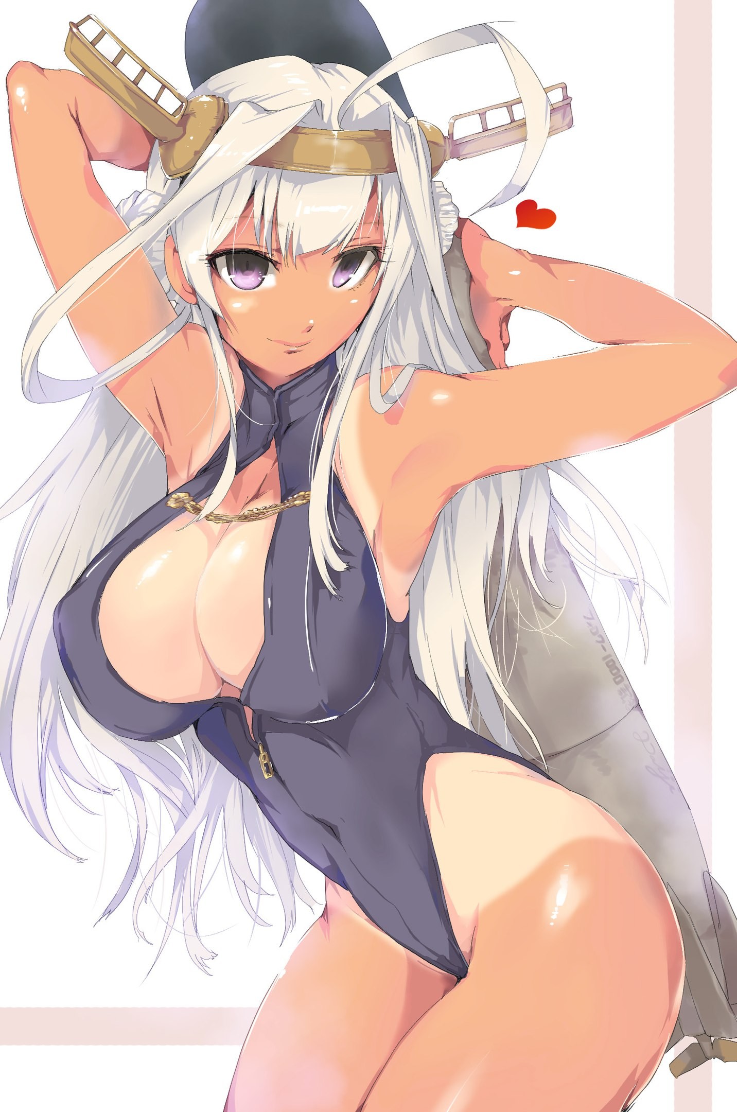 Anime 1432x2160 anime Kongou (KanColle) tan lines swimwear white hair Kantai Collection tanned big boobs purple eyes long hair arms up armpits thighs one-piece swimsuit skimpy clothes legs together huge breasts wide breasts anime girls skinny white background tight clothing portrait display boobs curvy