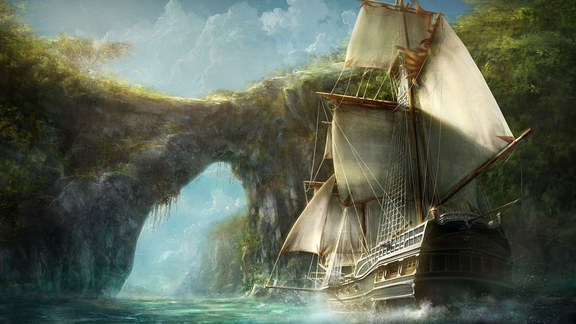 General 1920x1080 old ship ship rocks water bay pirates Caribbean digital art vehicle fantasy art rigging (ship) sailing ship