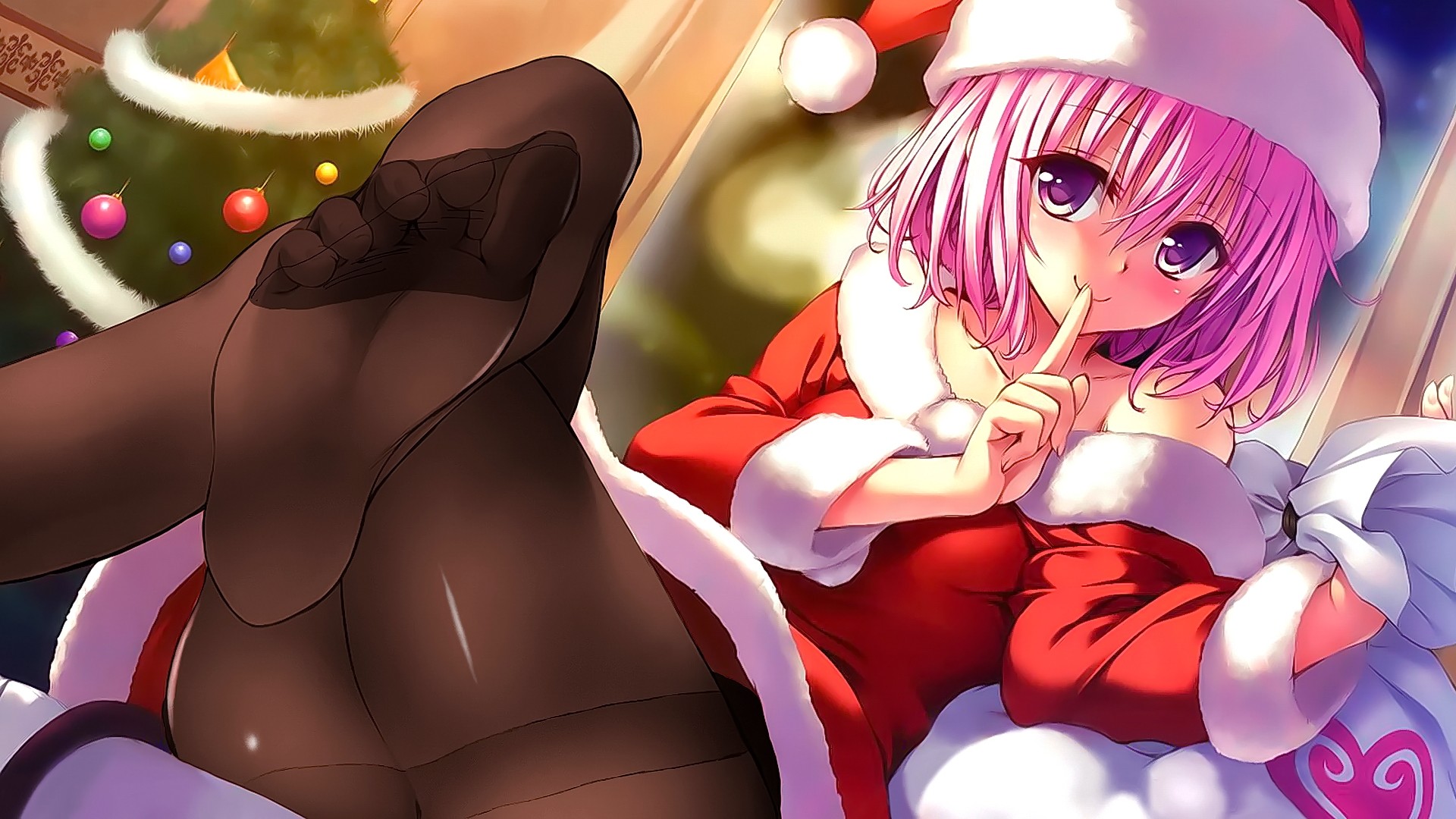 Anime 1920x1080 anime girls pantyhose pink hair anime purple eyes To Love-ru toes silence hand gesture Santa hats