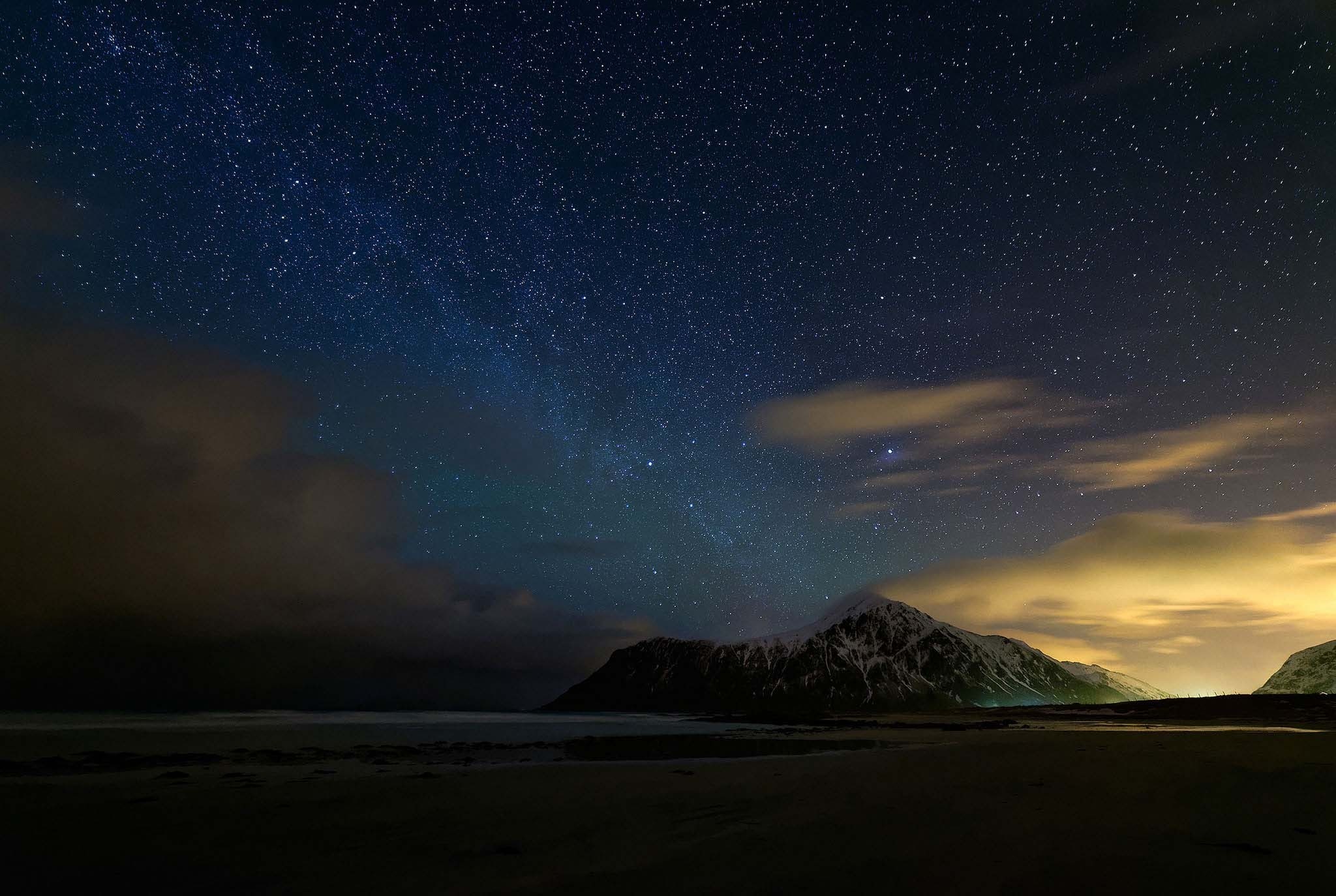 General 2048x1374 nature landscape Arctic sky starry night beach mountains clouds snowy peak sea Milky Way long exposure lights