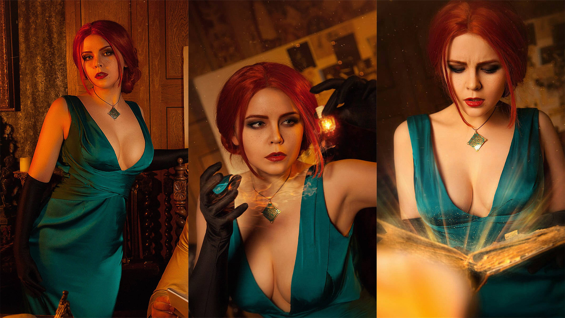 People 1920x1080 women collage cosplay The Witcher Triss Merigold The Witcher 3: Wild Hunt cleavage blue dress costumes black gloves redhead dress