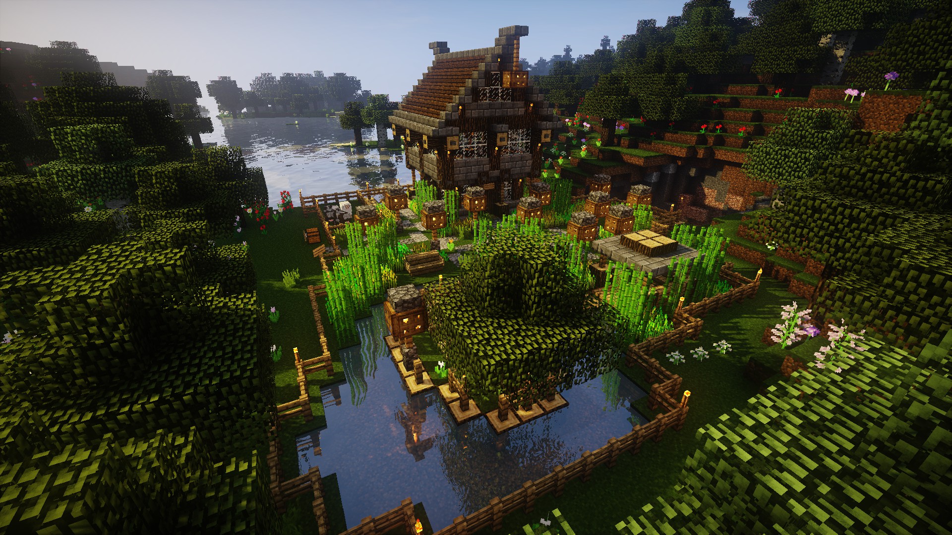 General 1920x1080 Minecraft video games farm house forest oak trees water grass Mojang video game landscape
