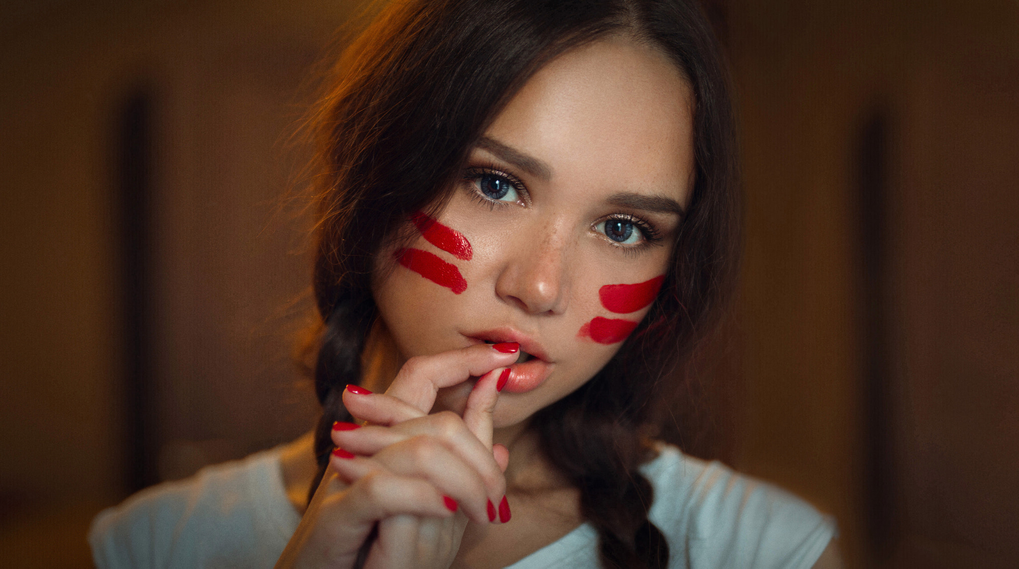 People 2048x1144 women face portrait twintails red nails finger on lips blue eyes Alexey Slesarev Maria Kozhevina face paint contact lenses