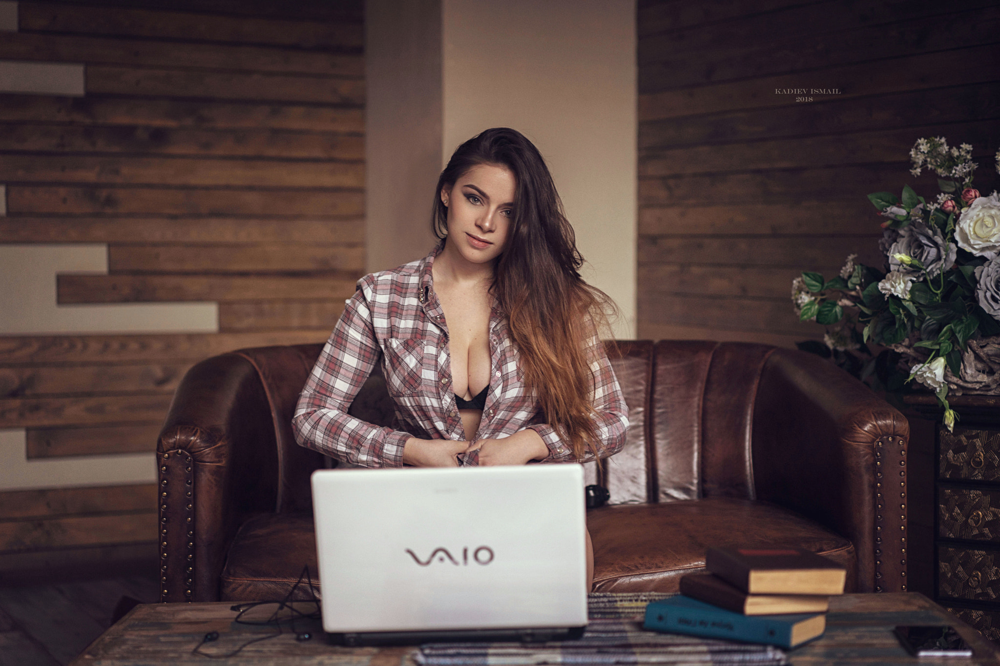 People 2048x1365 women plaid shirt VAIO laptop black bras couch portrait sitting smiling books brunette ombre hair Kadiev Ismail open shirt cleavage Maria boobs undressing technology long hair looking at viewer bra underwear