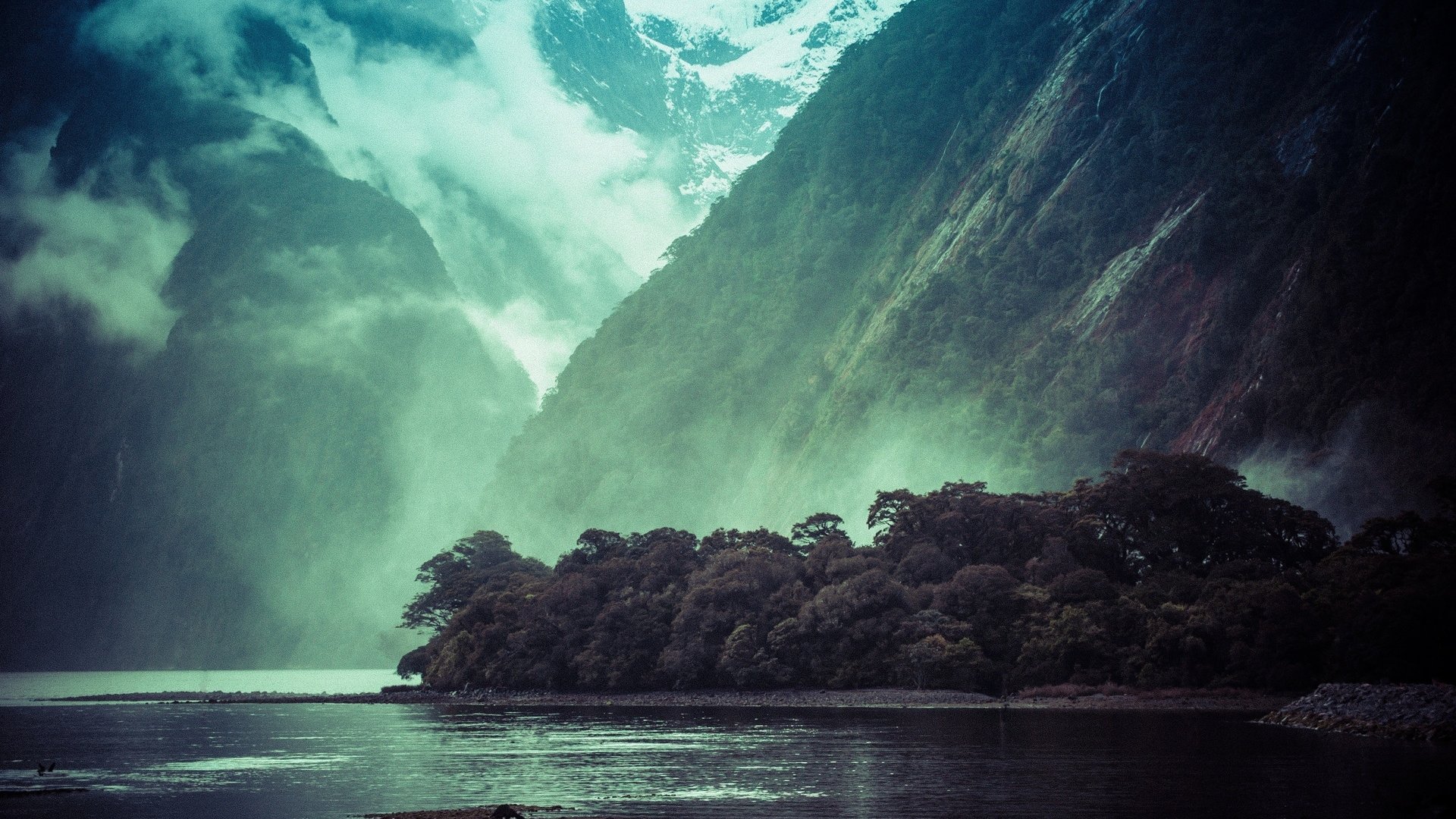 General 1920x1080 mountains landscape mist clouds river trees forest nature Milford Sound New Zealand fjord