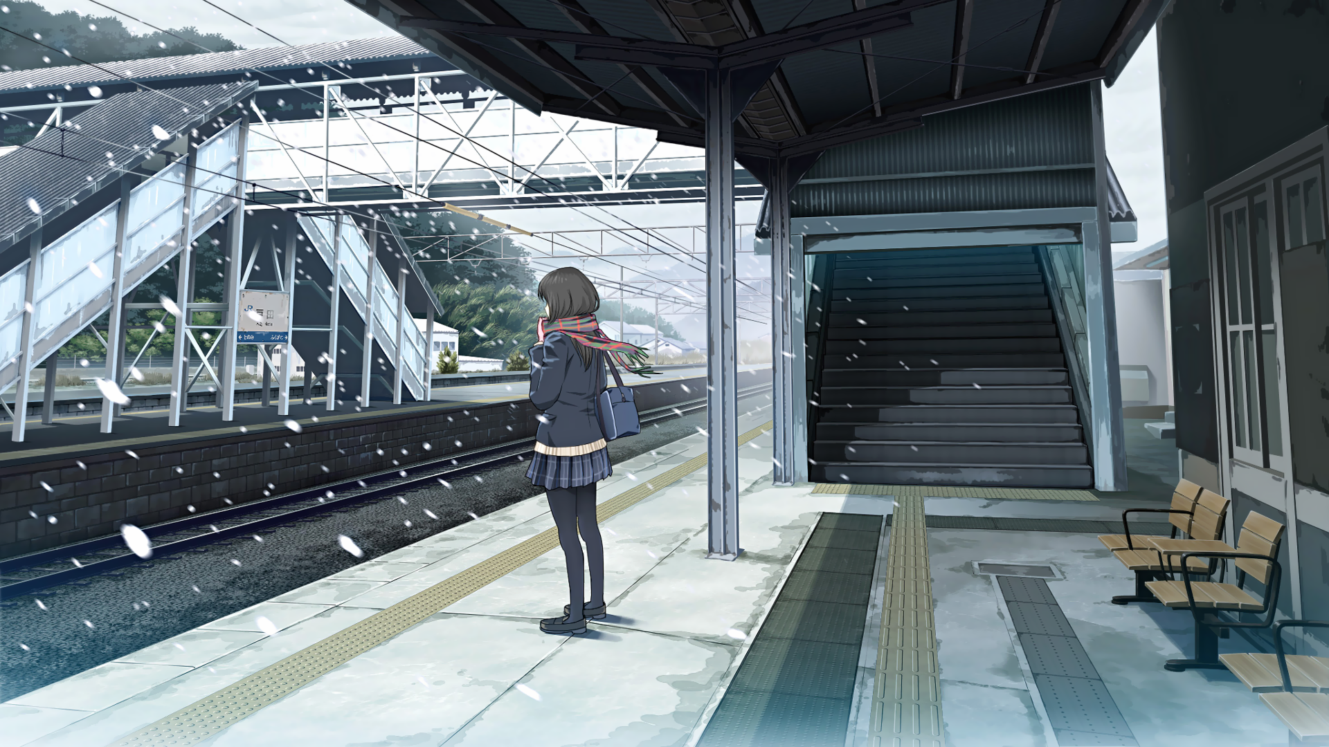 Anime 1920x1080 anime anime girls school uniform short hair scarf snowing train station