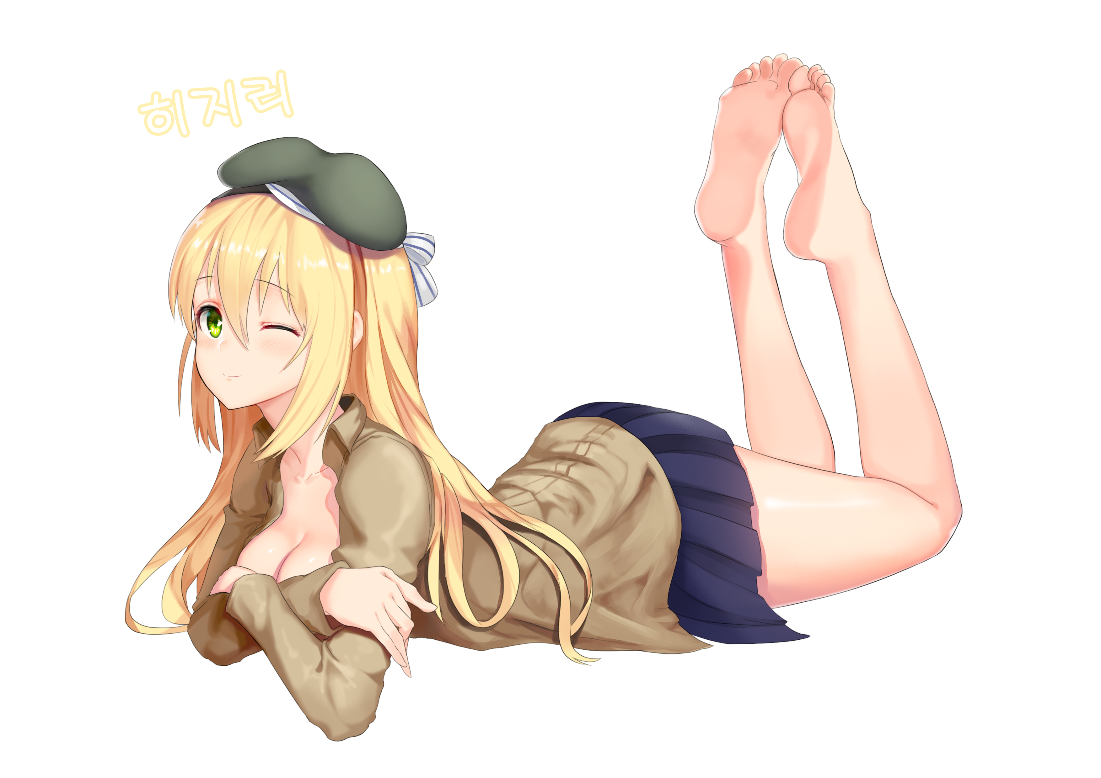 Anime 3508x2480 Girls Frontline cleavage blonde green eyes lying on front