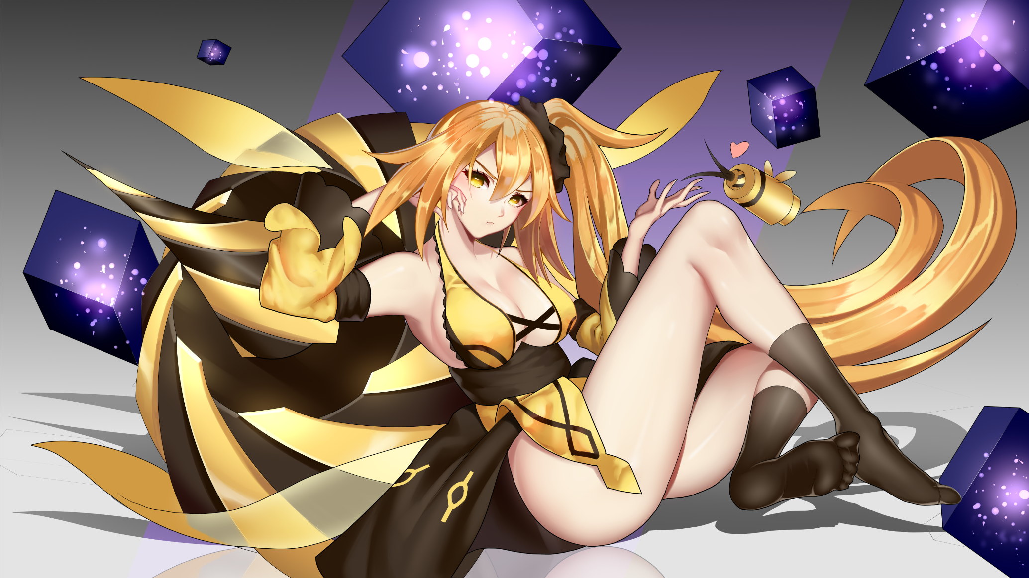 Anime 2068x1163 blonde yellow eyes boobs cleavage dress Japanese clothes long hair ponytail simple background Forever 7th Capital socks black socks  crew socks pointed toes toes bent legs foot sole