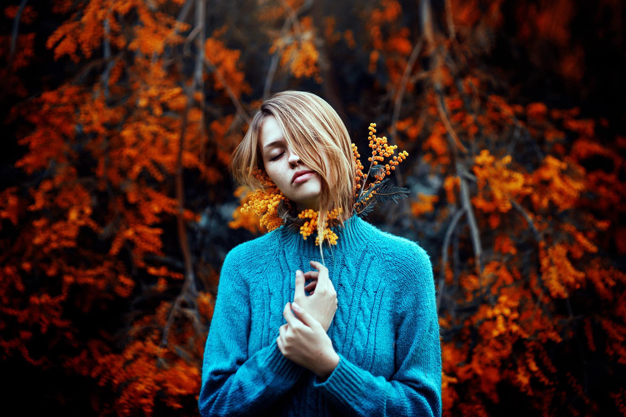 People 2048x1366 Ronny Garcia women model closed eyes blonde women outdoors blue sweater hair in face knit fabric