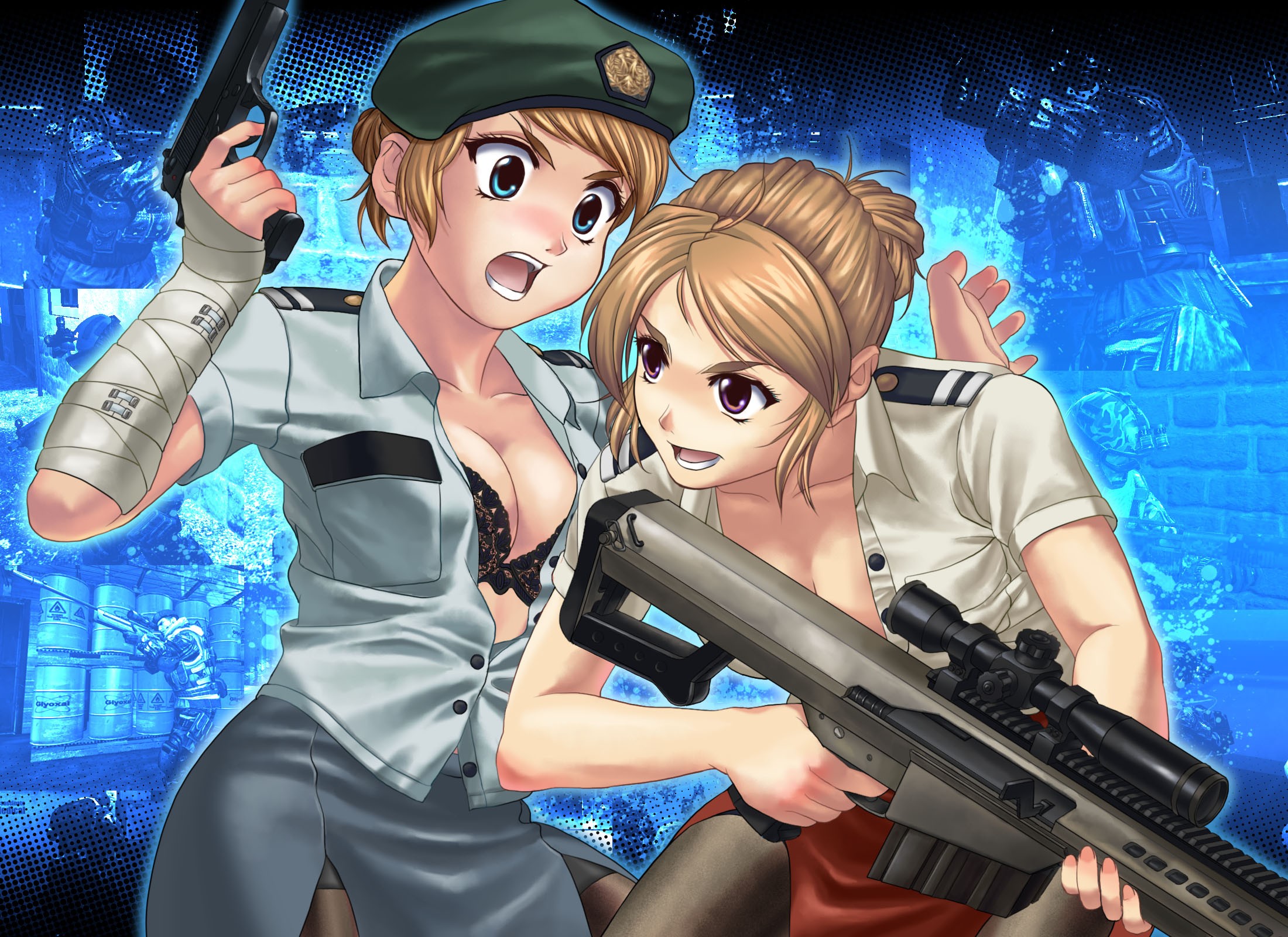 Anime 2200x1600 anime anime girls bra open shirt gun weapon sniper rifle short hair blue eyes brunette uniform girls with guns boobs women two women Pixiv