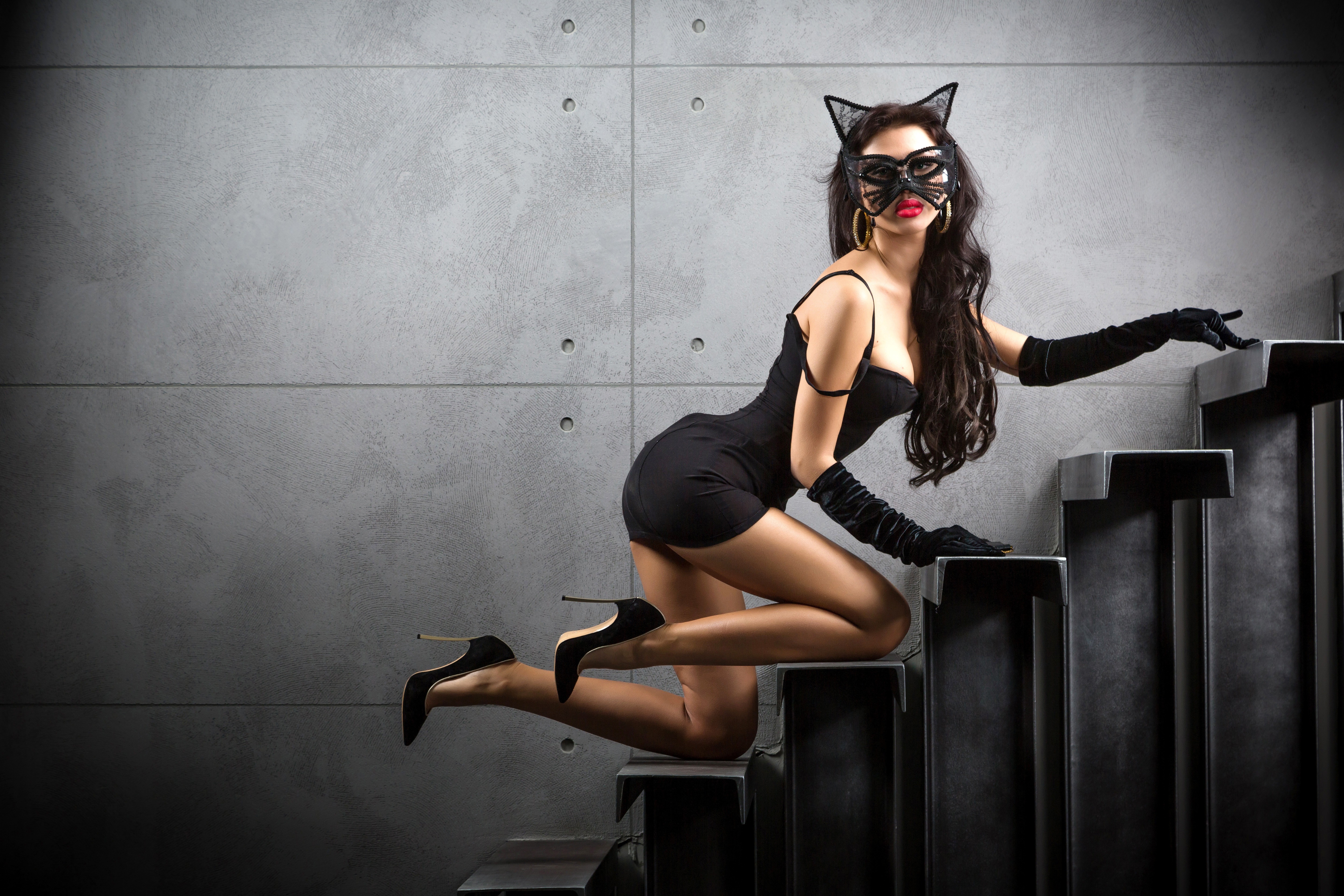 People 5760x3840 women mask stairs high heels gloves cat mask.