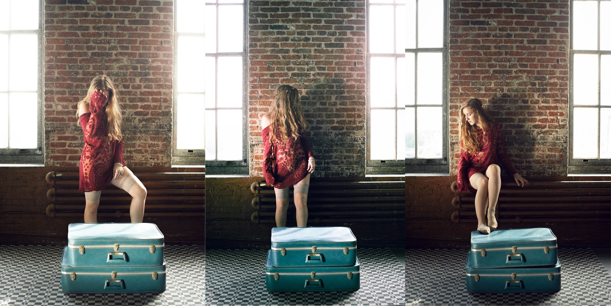 People 2048x1027 women model blonde long hair collage red dress suitcase luggage bricks window sitting stockings curly hair hair in face