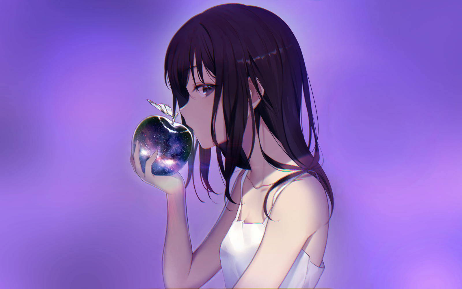 Anime 1600x1000 apples gradient purple background anime dark hair anime girls artwork Achiki