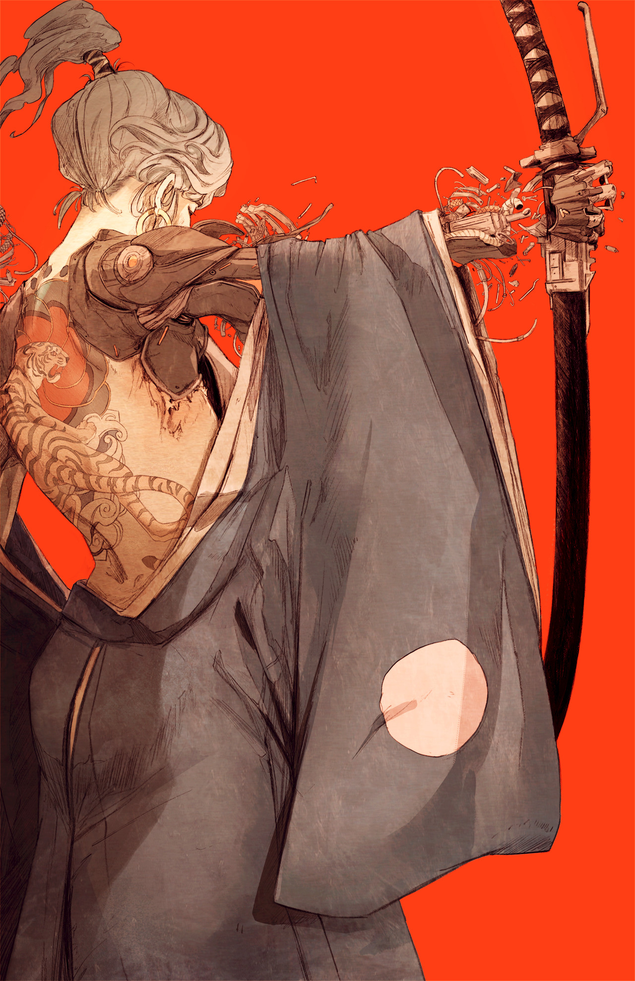 General 1280x1978 samurai cybernetics women katana tattoo broken red background tiger