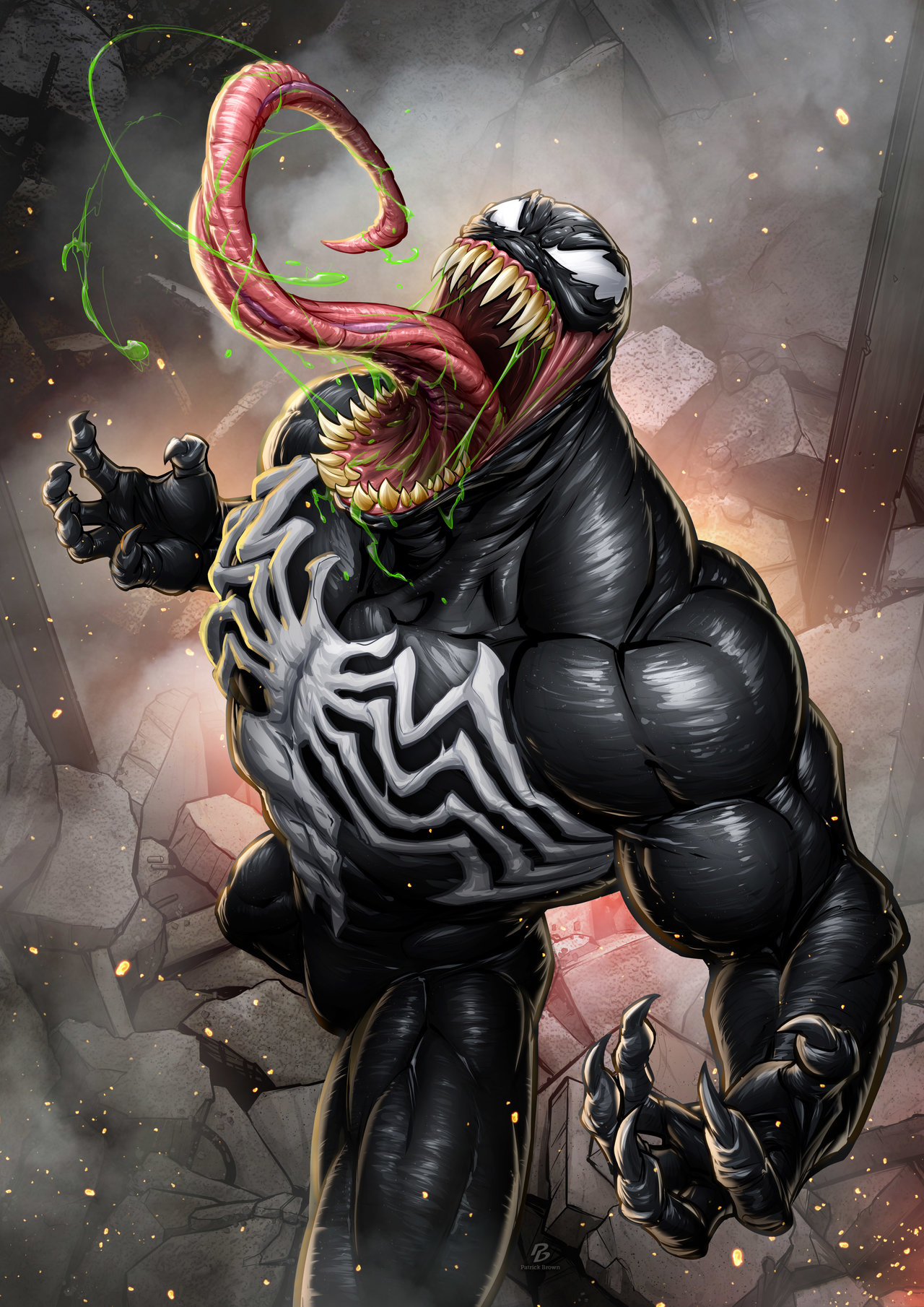 General 1280x1810 Patrick Brown Venom mist sparks tongues teeth claws Symbiote muscular Spider-Man Marvel Comics