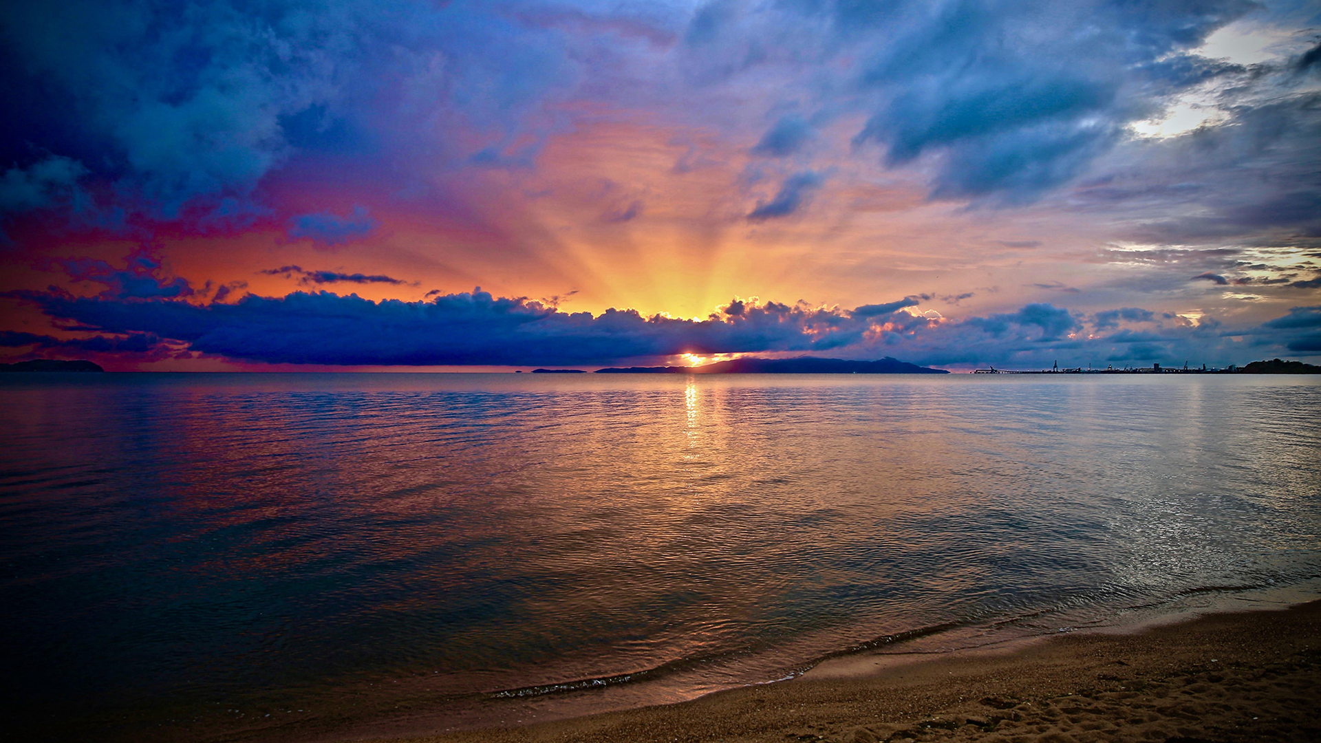 General 1920x1080 photography sunset beach clouds sea blue yellow