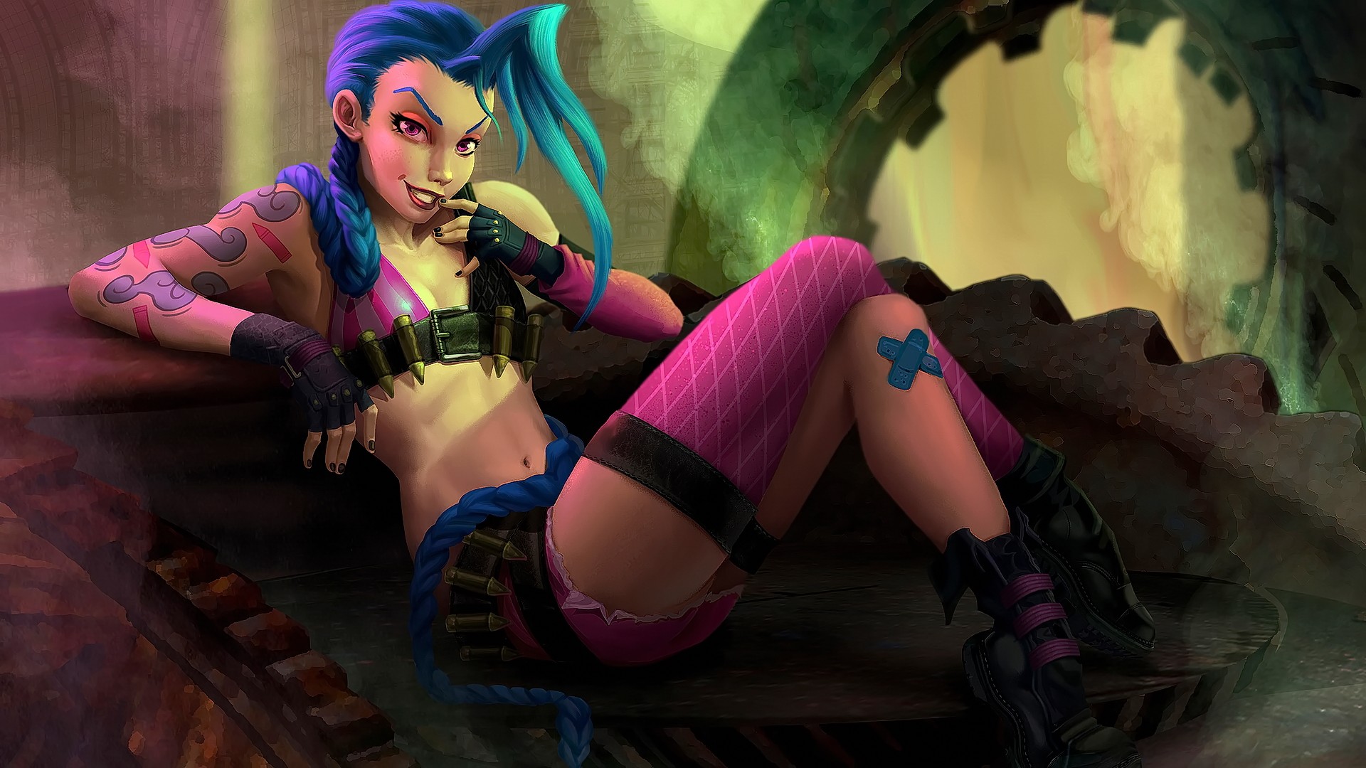 Anime 1920x1080 Jinx (League of Legends) League of Legends fantasy girl legs blue hair PC gaming missing sock video game characters video game girls video game art black nails painted nails inked girls red lipstick stockings