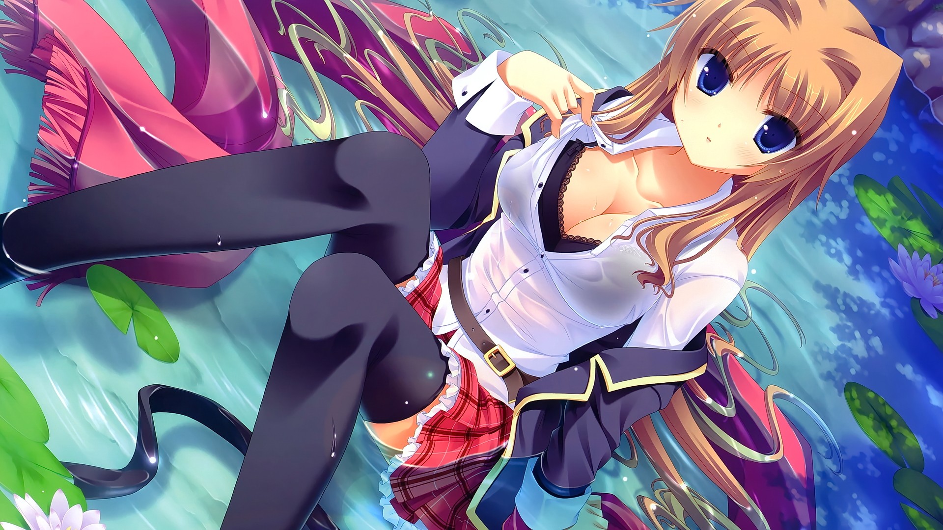 Anime 1920x1080 anime anime girls Midori no Umi Chisha (Midori no Umi) cleavage water wet clothing blonde blue eyes open mouth sitting long hair Yukie boobs big boobs