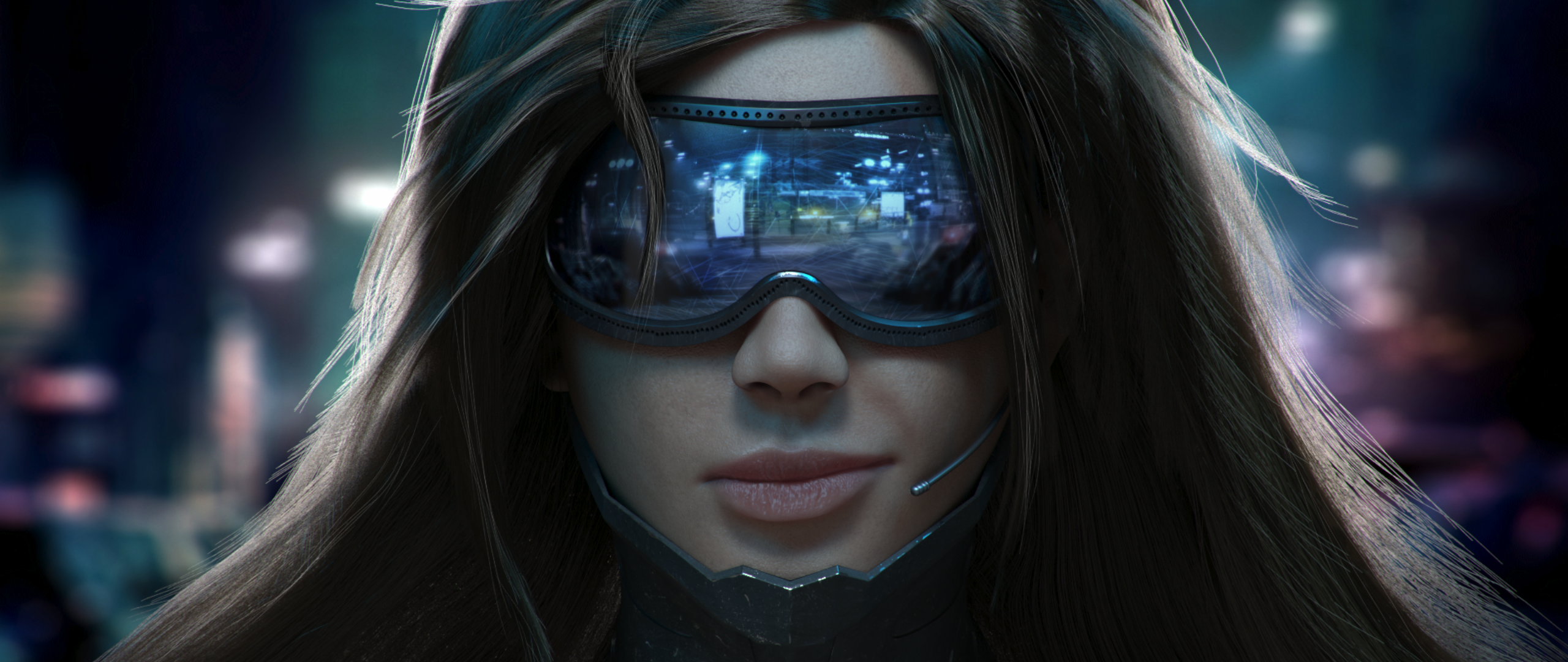 General 2560x1080 futuristic cyberpunk ultrawide science fiction artwork brunette face closeup reflection