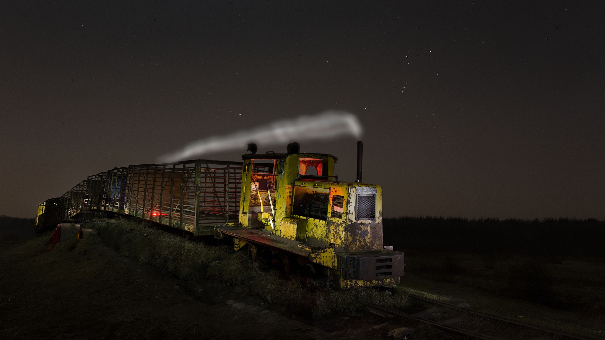 General 2048x1152 night train vehicle sky stars smoke