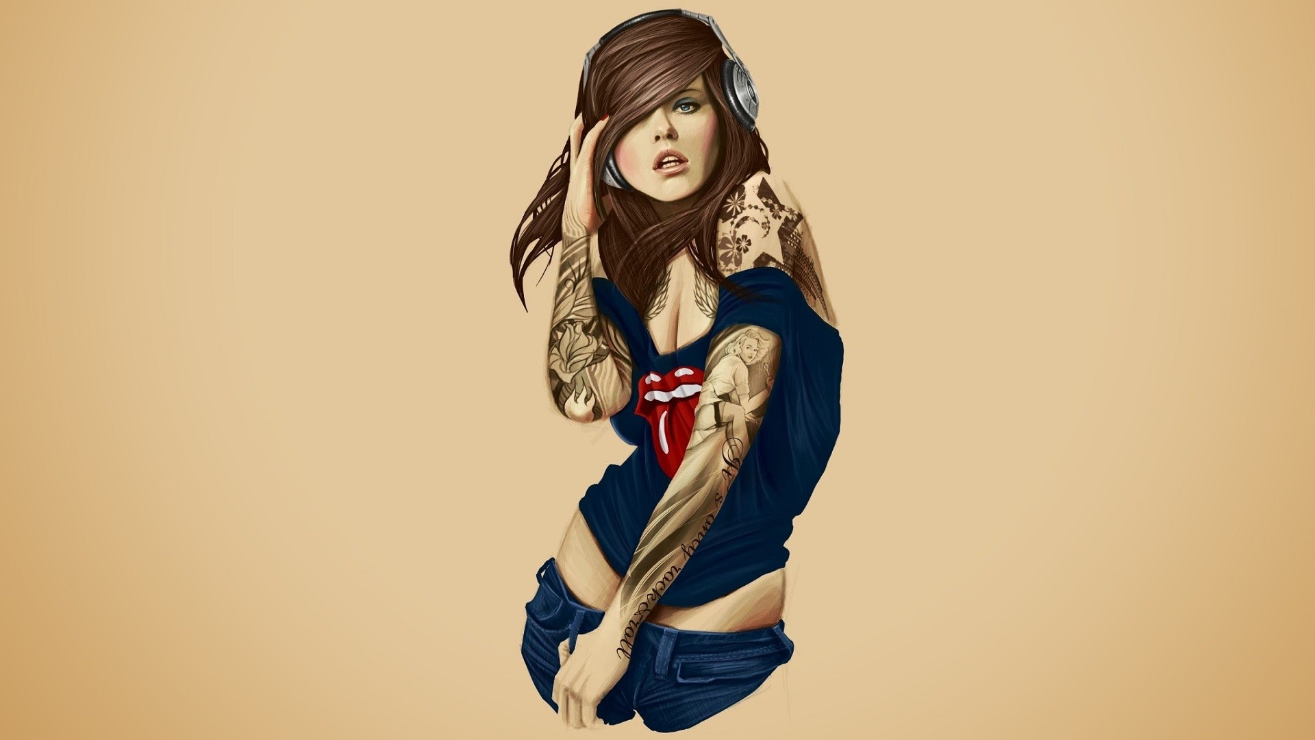 General 1920x1080 women tattoo Rolling Stones headphones inked girls simple background brunette artwork long hair rolling stones t-shirt open mouth blue clothing T-shirt looking at viewer
