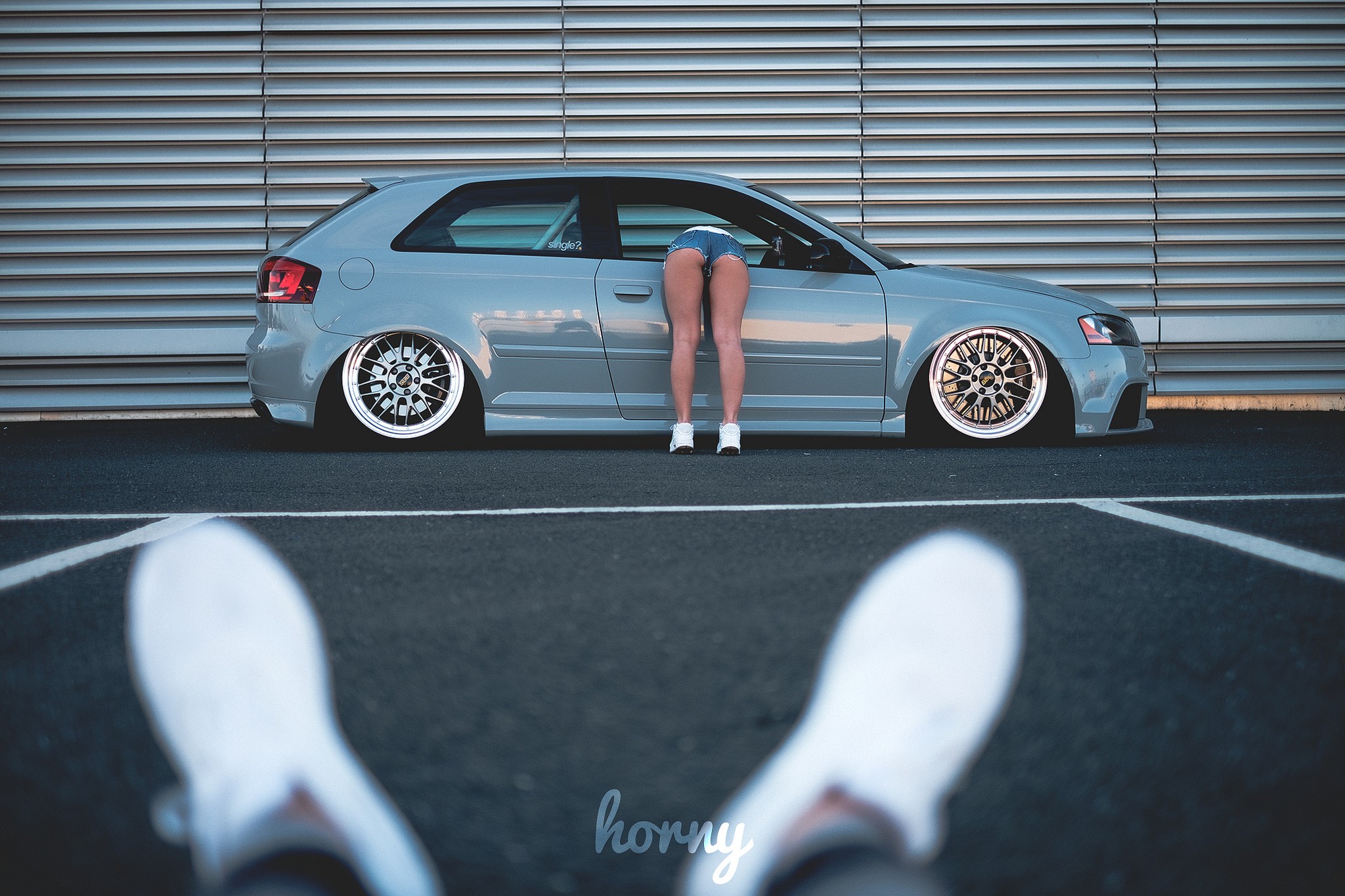 People 2048x1365 women ass jean shorts women with cars back sneakers bent over POV stanced Audi A3 Audi rear view women outdoors shoes white shoes car vehicle short shorts model Daisy Dukes legs