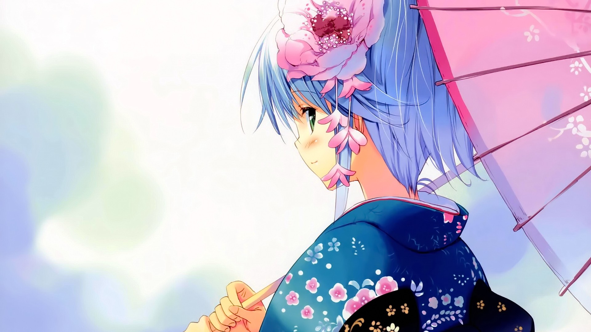 Anime 1920x1080 anime anime girls hair ornament kimono Japanese clothes umbrella blue hair original characters green eyes flowers smiling looking at viewer women with umbrella simple background flower in hair