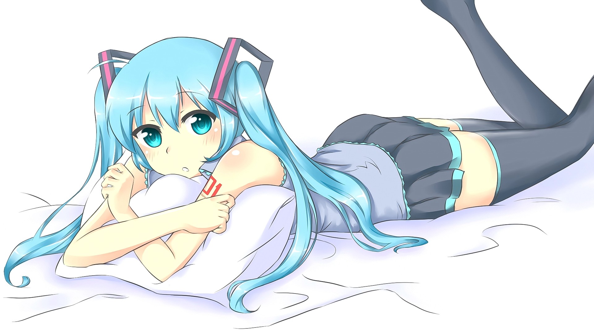 Anime 1920x1080 anime anime girls Vocaloid Hatsune Miku thigh-highs cyan hair aqua eyes looking at viewer white background lying on front simple background stockings skirt long hair